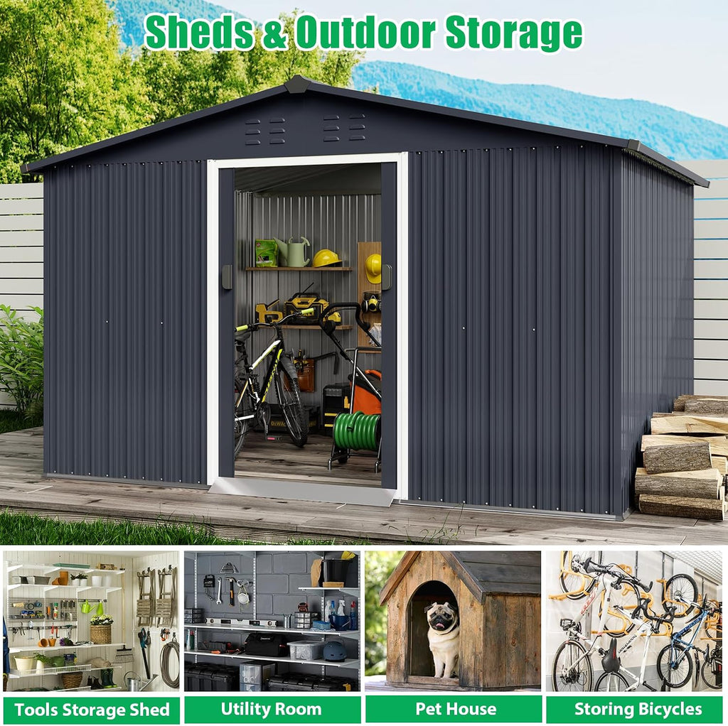 GarveeLife Outdoor Storage Shed 12 x 10 ft, Outdoor Tool Metal Shed with Lockable Door, Air Vents and Sloping Roof, Metal Aluminum Waterproof Tool Sheds for Yard, Garden, Patio, Garage, Lawn, Gray