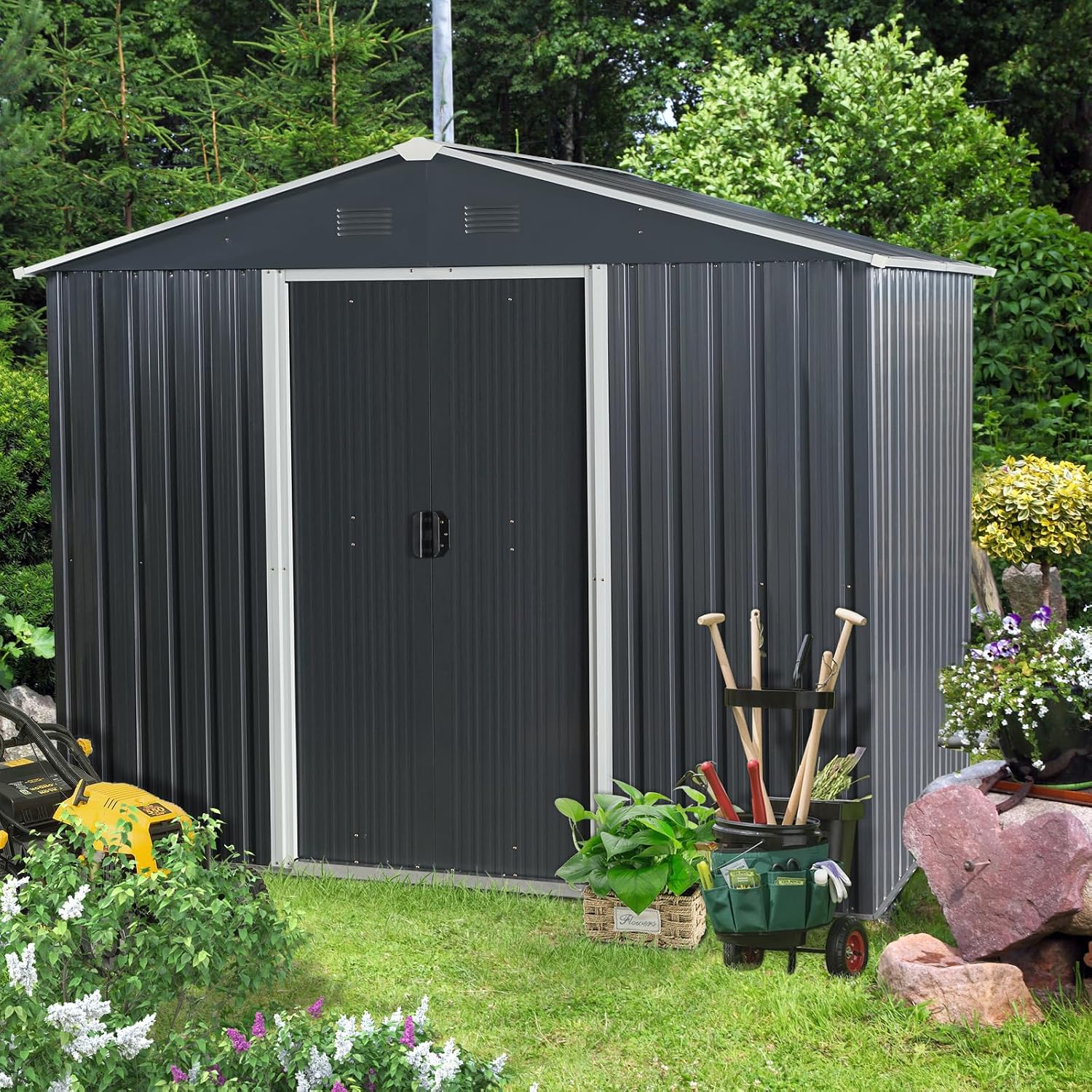 JT 7.5x5.5FT Outdoor Storage Shed with Floor Frame, Metal Garden Shed with Sliding Doors, Waterproof Galvanized Steel Storage House for Backyard Garden, Patio (Black, 7.5 * 5.5FT)