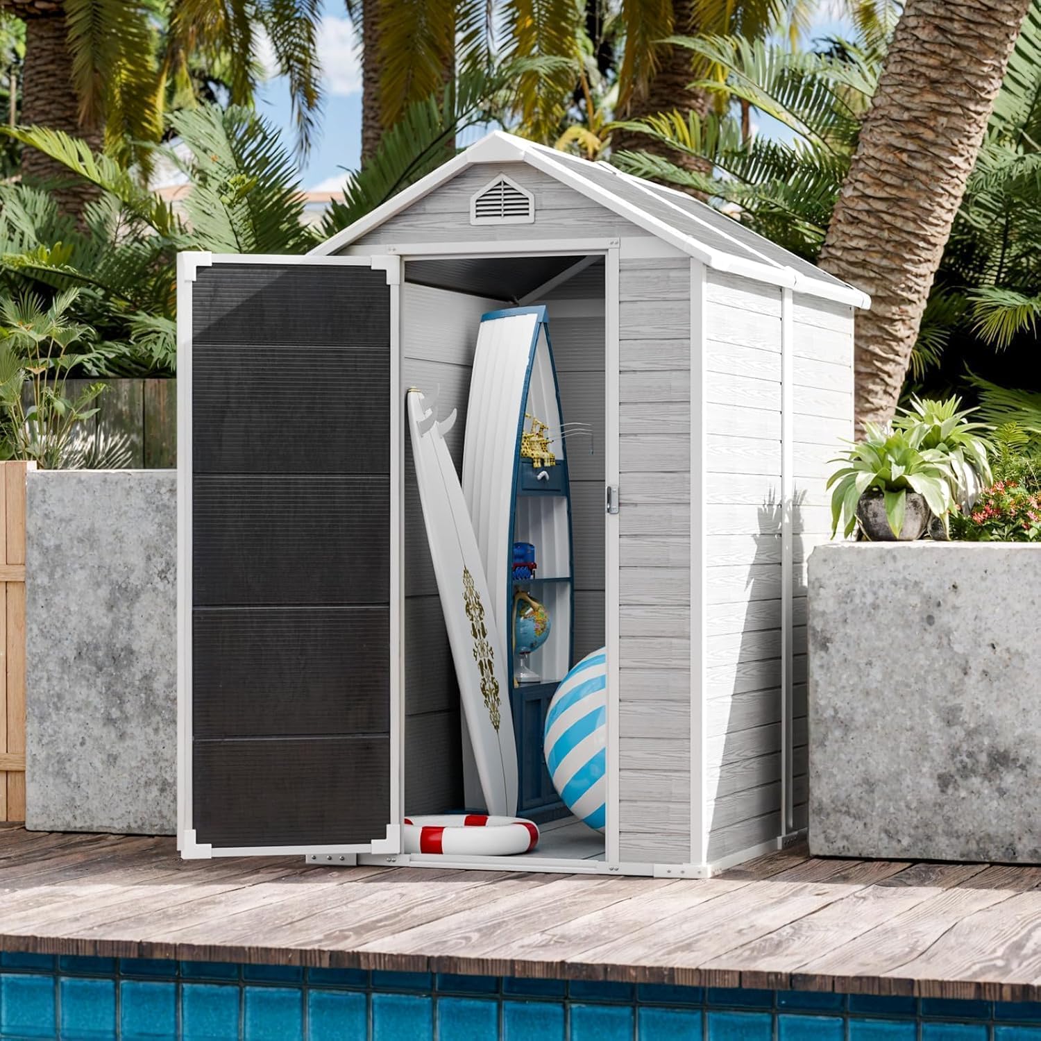 CDCASA 6x4 FT Resin Shed, Large Waterproof Outdoor Storage Sheds with Floor Included & Lockable Door & Vents, Outside Plastic Tool Shed for Backyard, Patio, Poolside, Lawn