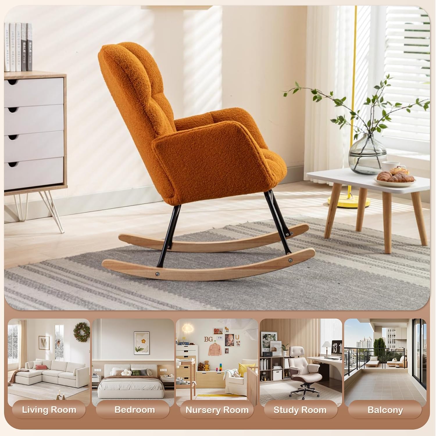 Setawix Teddy Rocking Chair with High Back,Leisure Rocking Armchair for Nursery,Mid Century Modern Rocker Glider Arm Chair for Living Room,Adults,Kids,Tufted with Solid Wood Legs