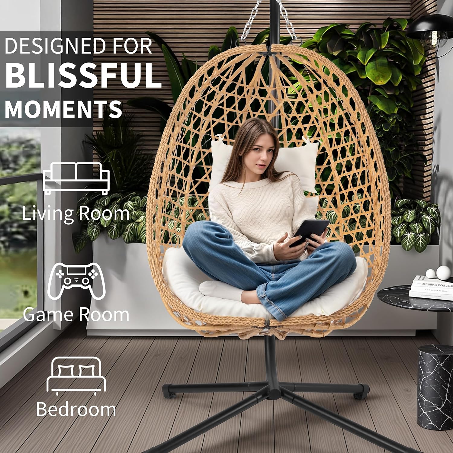 LEX CRAFT Egg Chair with Stand, Patio Wicker Hanging Chair, Hammock Swing Chair, 350LBS Capacity for Bedroom, Balcony, Garden (YE-BE)