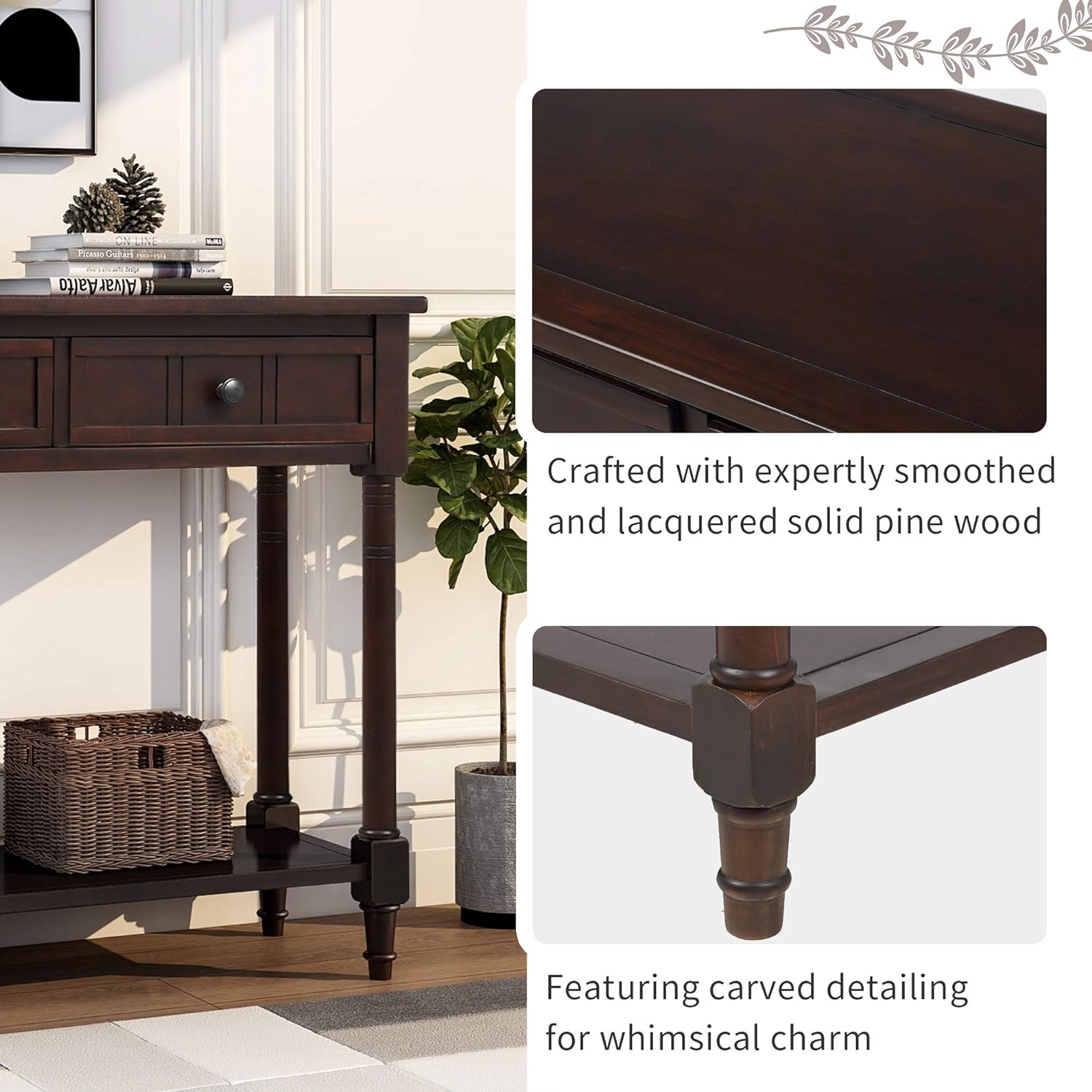Bellemave Console Table with Drawers, Retro Entryway Table with 2 Drawers and Open Storage Shelf, Narrow Long Sofa Table, Behind Couch Table for Living Room, Foyer and Hallway,Espresso
