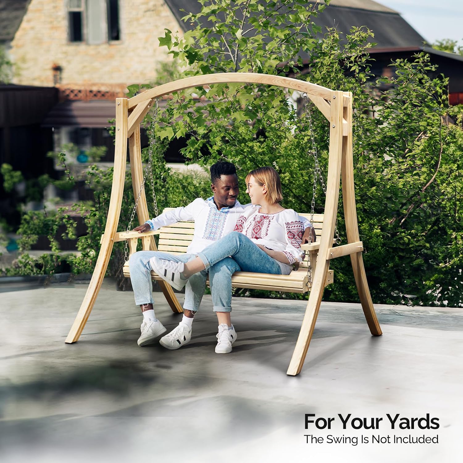 VINGLI 6.7FT Porch Swing Frame, 1000LBS Heavy Duty A-Frame Wooden Porch Swing Stand with Curved Arc Top for 5FT Porch Swing, Large Swing Hanger for Garden, Patio, Backyard & Indoor, Natural