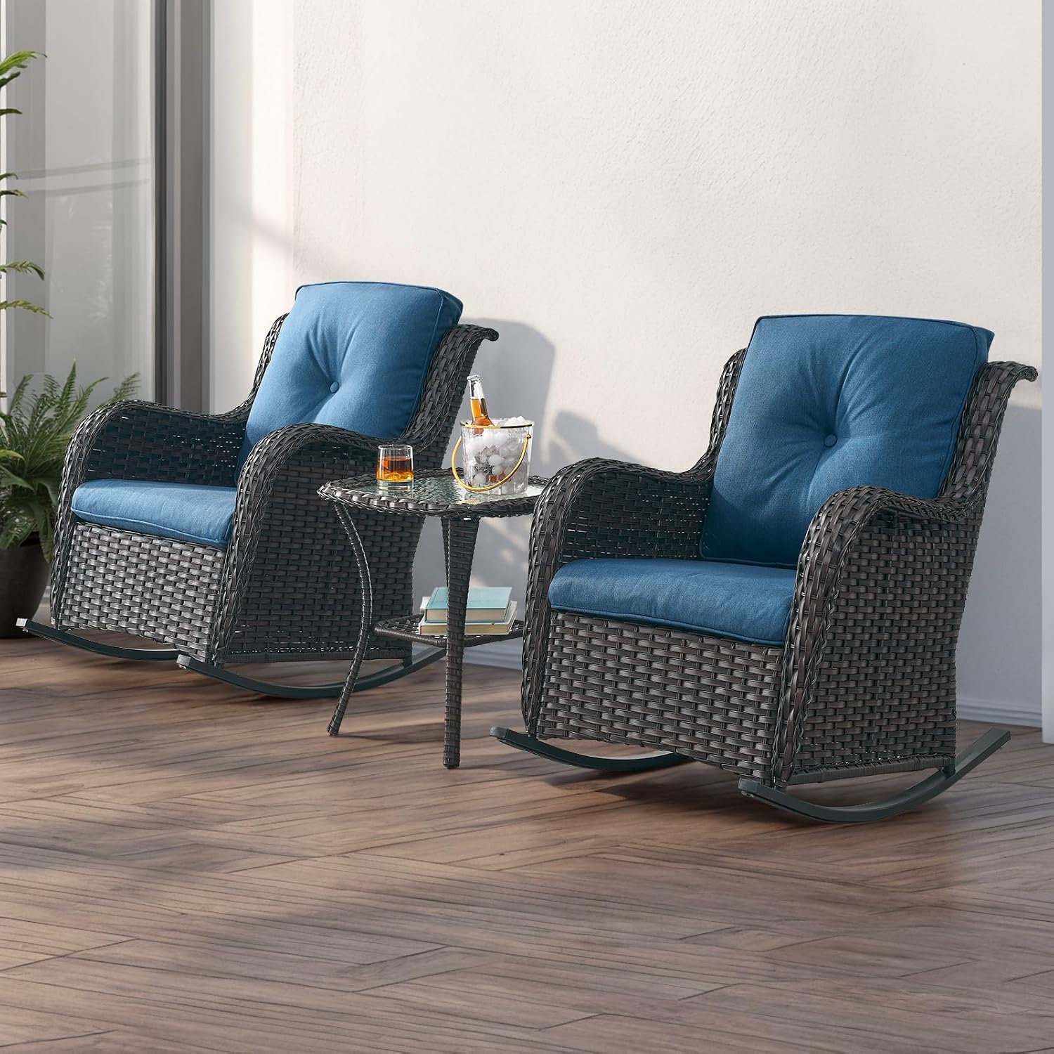 Rilyson Patio Chairs Outdoor Rocking Chair - 2 Piece Wicker Rattan Rocker Chairs Set with High Back and Deep Seating for Porch Deck Garden Backyard(Brown/Blue)