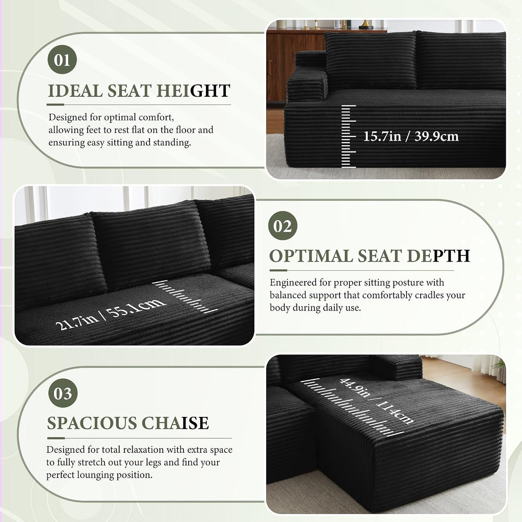 96' Sectional Couches for Living Room Cloud Couch Sofa with L-Shape Upholstered Boneless Couchs Modern Modular Sectional Couch with Chaise (Black, 96' W+Left Facing Chaise+2Seaters)
