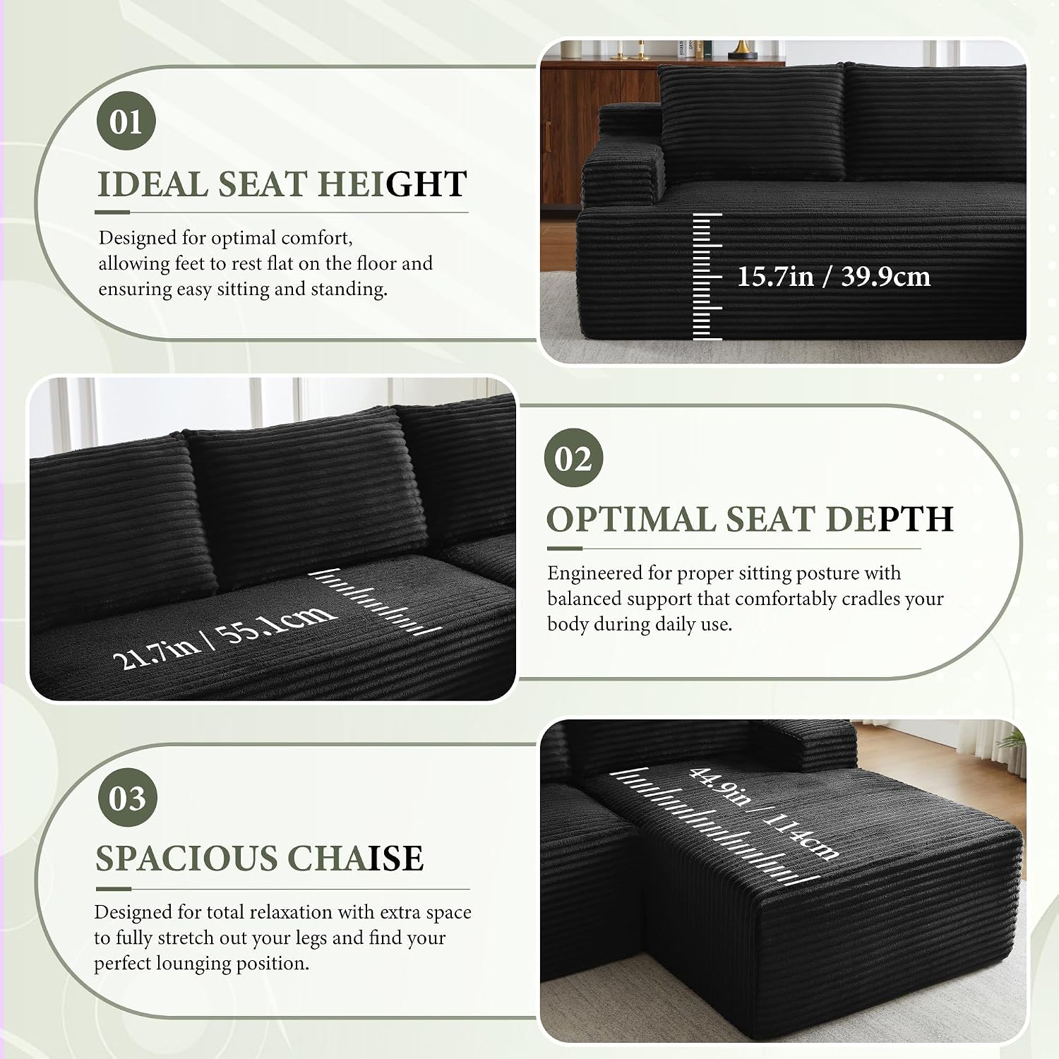 96' Sectional Couches for Living Room Cloud Couch Sofa with L-Shape Upholstered Boneless Couchs Modern Modular Sectional Couch with Chaise (Black, 96' W+Left Facing Chaise+2Seaters)