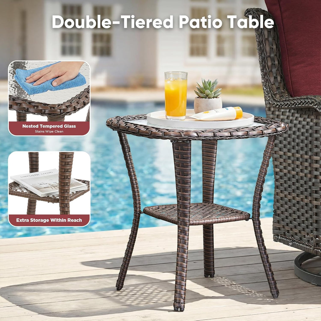 Belord Patio Wicker Chairs Swivel Rocker,Outdoor Patio Furniture Set with Rattan Side Table, All Weather Conversation Set for Porch Poolside Balcony, Brown Wicker/Red