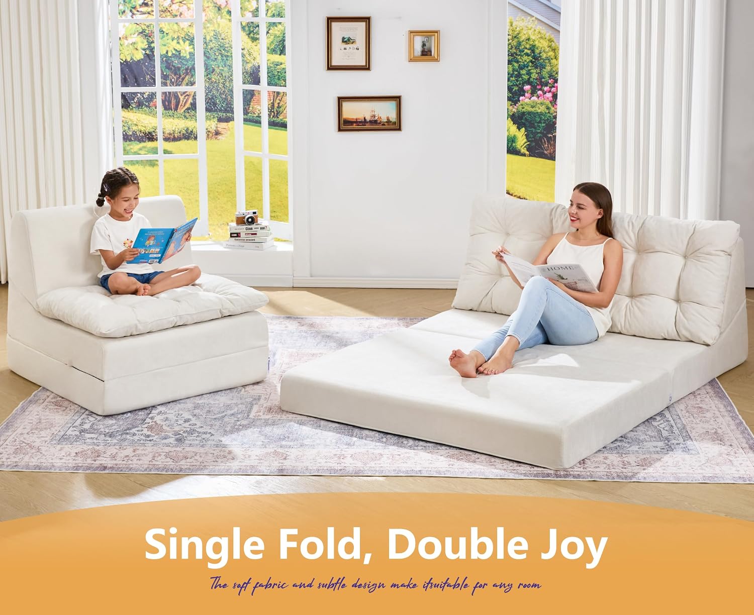Hobestluk Sofa Couch Folding Sofa Bed Sleeper Comfy Floor Lounger Loveseat Sofa with Removable Cushion Couches Foldable Mattress for Living Room Bedroom or Office (Chenille Beige, Oversize)