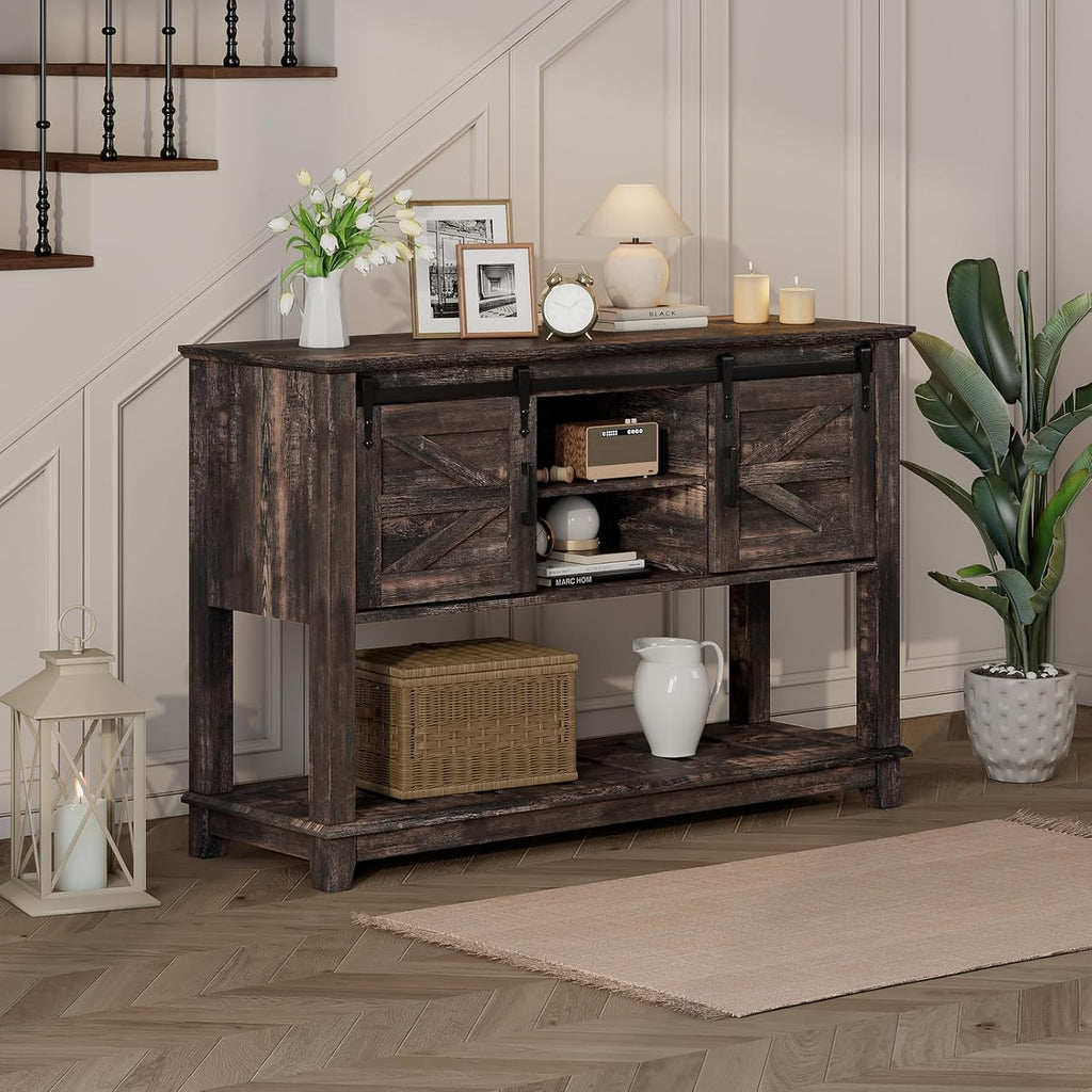 LUXOAK Farmhouse Entryway Table with Sliding Barn Doors, 46' Sofa Table for Living Room, Console Table with Storage, Dark Rustic Oak