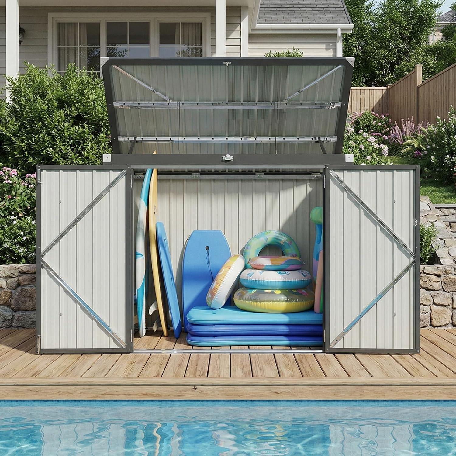 Outdoor Trash Can Storage Shed - Metal Waterproof Outdoor Garbage Can Organizer with Chain Lid, Ideal for Trash Bins, Toys, Garden Tools for Garden/Backyard/Patio