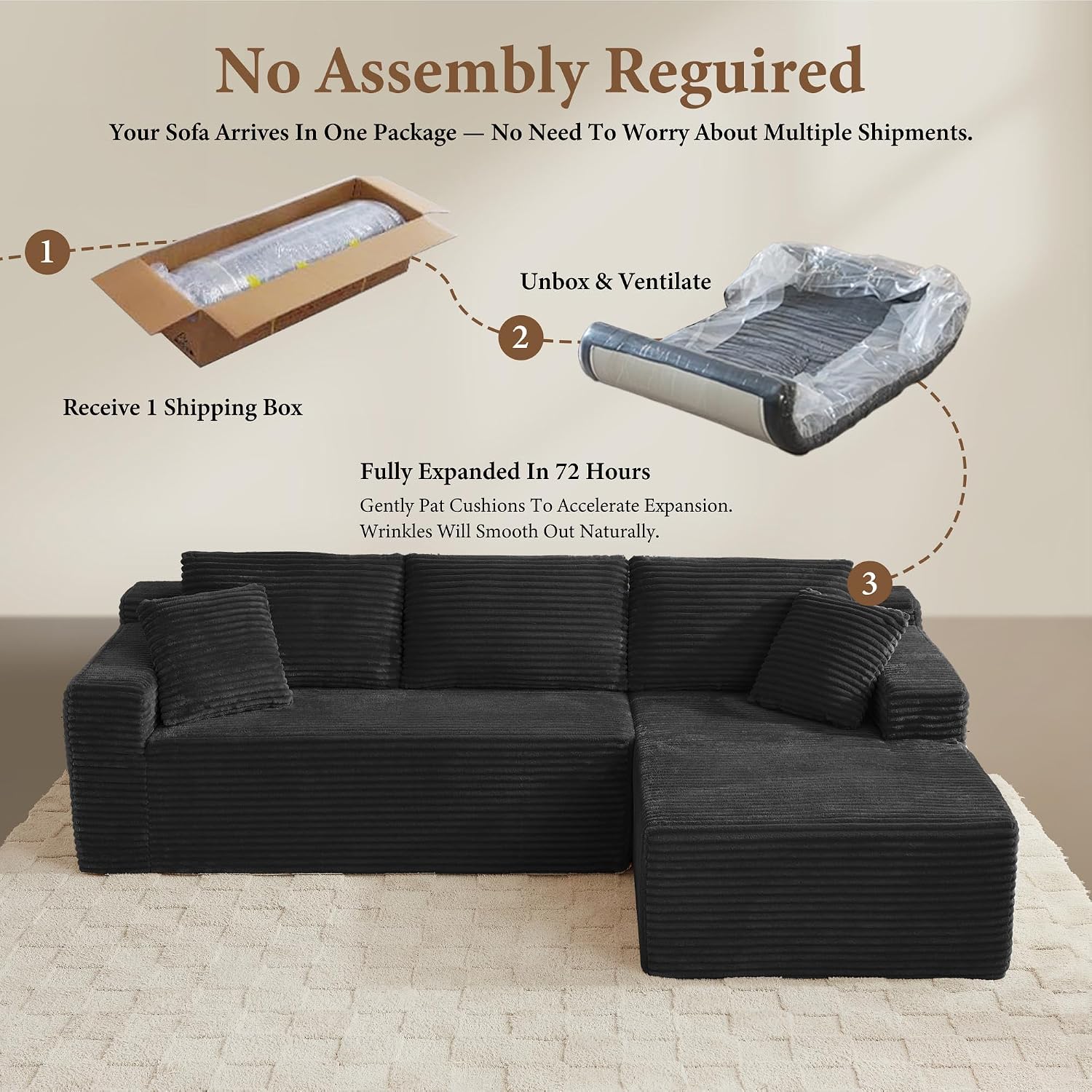 96' Sectional Couches for Living Room Cloud Couch Sofa with L-Shape Upholstered Boneless Couchs Modern Modular Sectional Couch with Chaise (Black, 95' W+Right Facing Chaise+2Seaters)