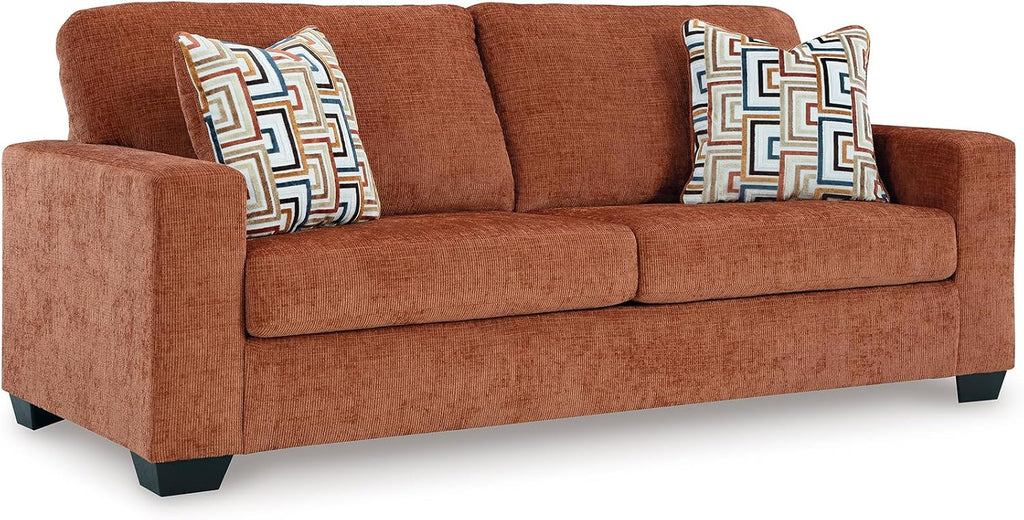 Signature Design by Ashley Aviemore Contemporary Sofa Sleeper with Folding Memory Foam Mattress and 2 Accent Pillows, Queen, Orange