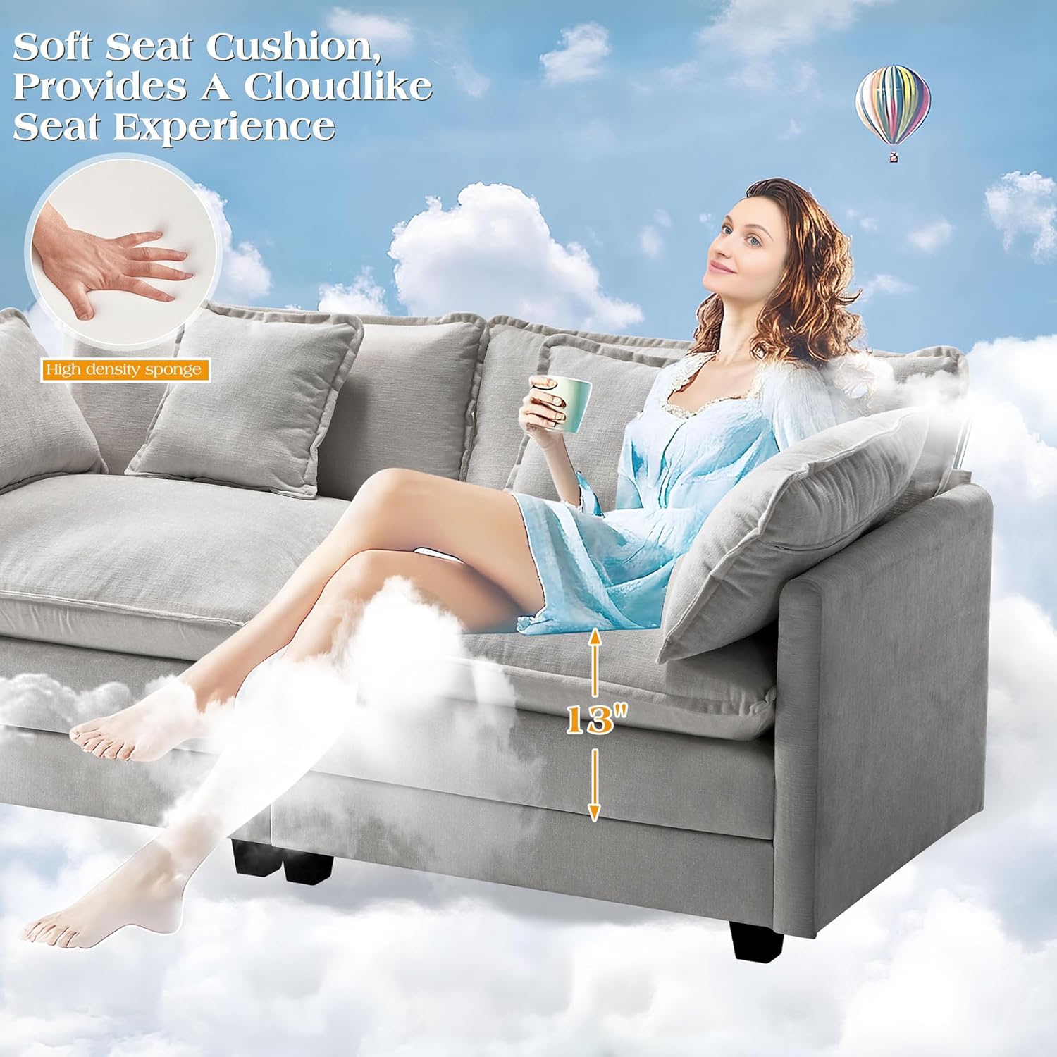 113.4' Modular Sectional Sofa,Cloud Couch for Living Room, Modern Deep Seat Sofa 3 Seater Chenille Fabric Comfy Couches with Throw Pillows for Apartment