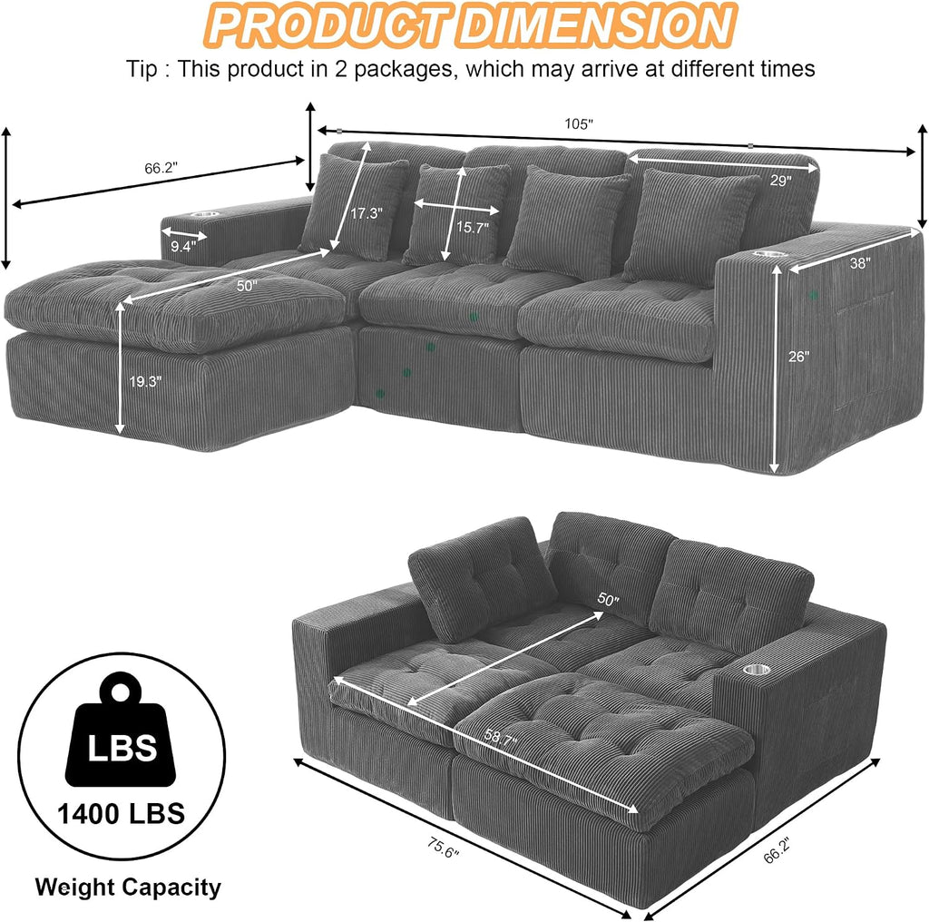 Black L Shaped Modular Cloud Sectional Sofa, Comfy 3 Seater Sectional Couches for Living Room with Cup Holders, Modern L Shape Sofa Set for Living Room Bedroom (Grey)