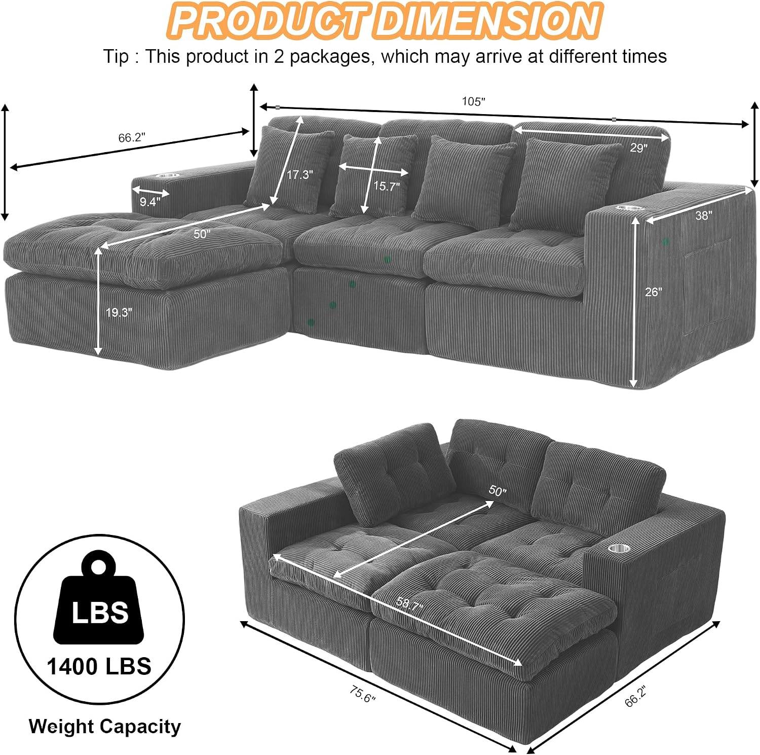 Black L Shaped Modular Cloud Sectional Sofa, Comfy 3 Seater Sectional Couches for Living Room with Cup Holders, Modern L Shape Sofa Set for Living Room Bedroom (Grey)