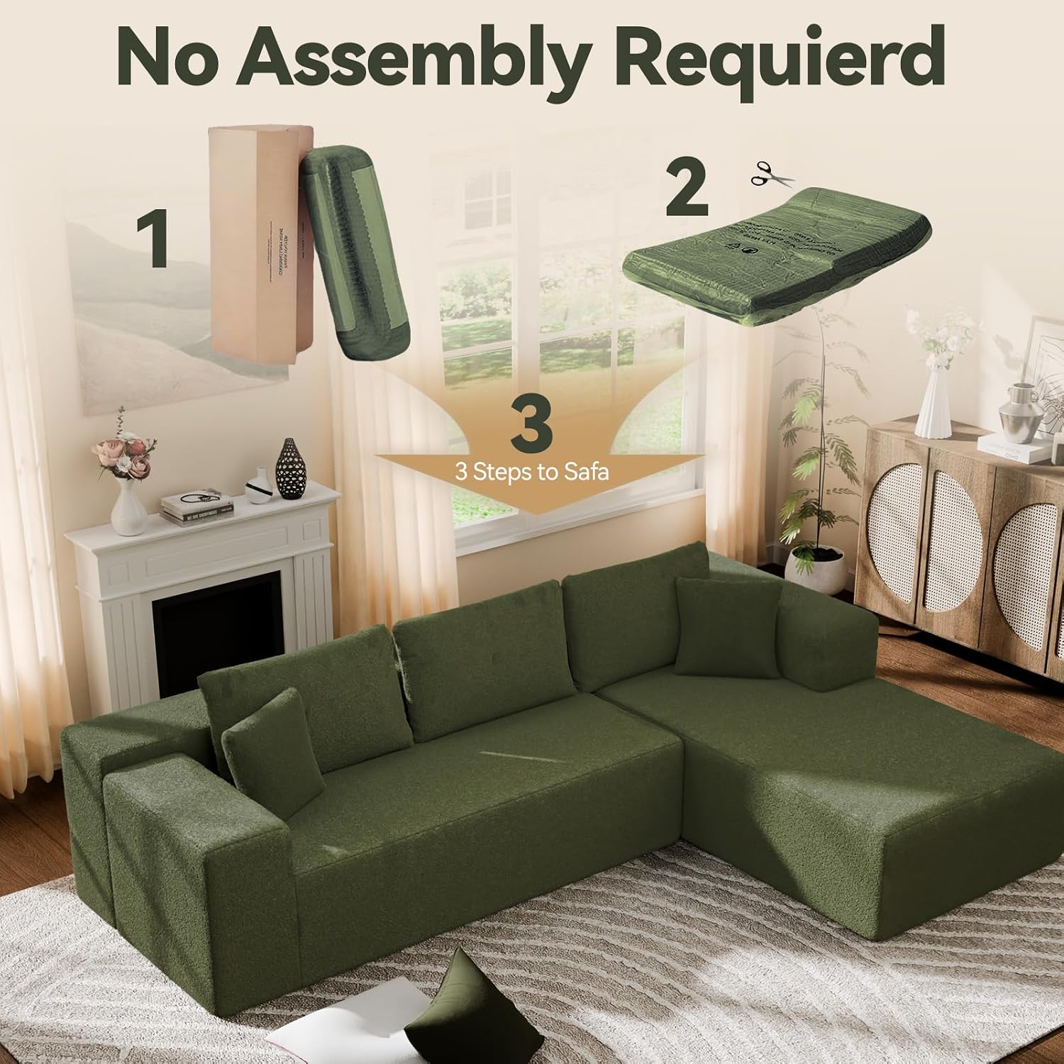 Cloud Wool Modular Sectional Sofa with Chaise, 106' L-Shaped Sofa Couch for Living Room, Deep Seat Plush Boneless Couches, Includes Pillows, Left Chaise, Green