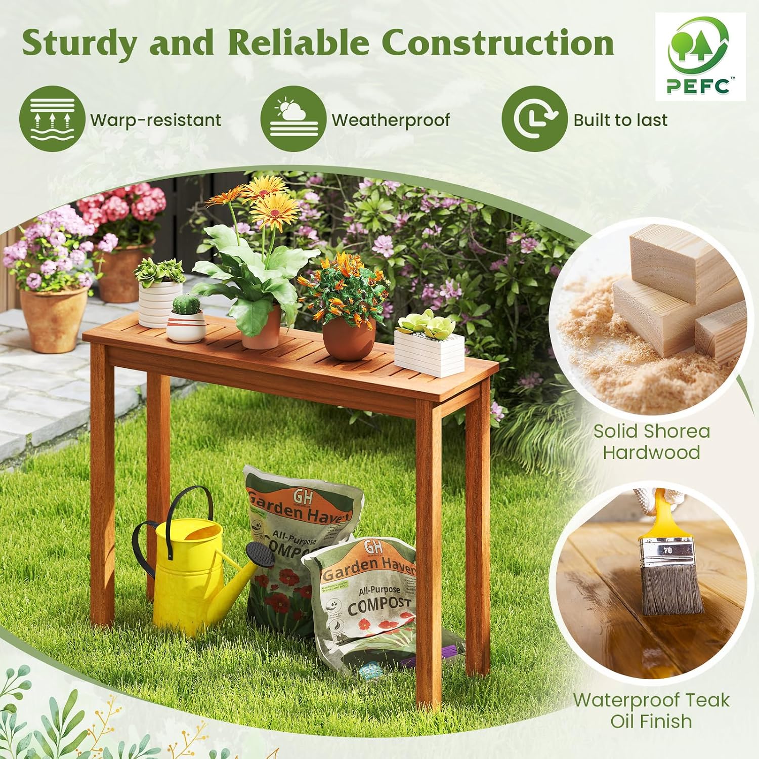 Tangkula Narrow Outdoor Dining Table, Solid Wood Furniture Patio Console Table with Slatted Tabletop, Wooden Buffet Bar Plant Stand for Garden Deck Entryway Porch Balcony
