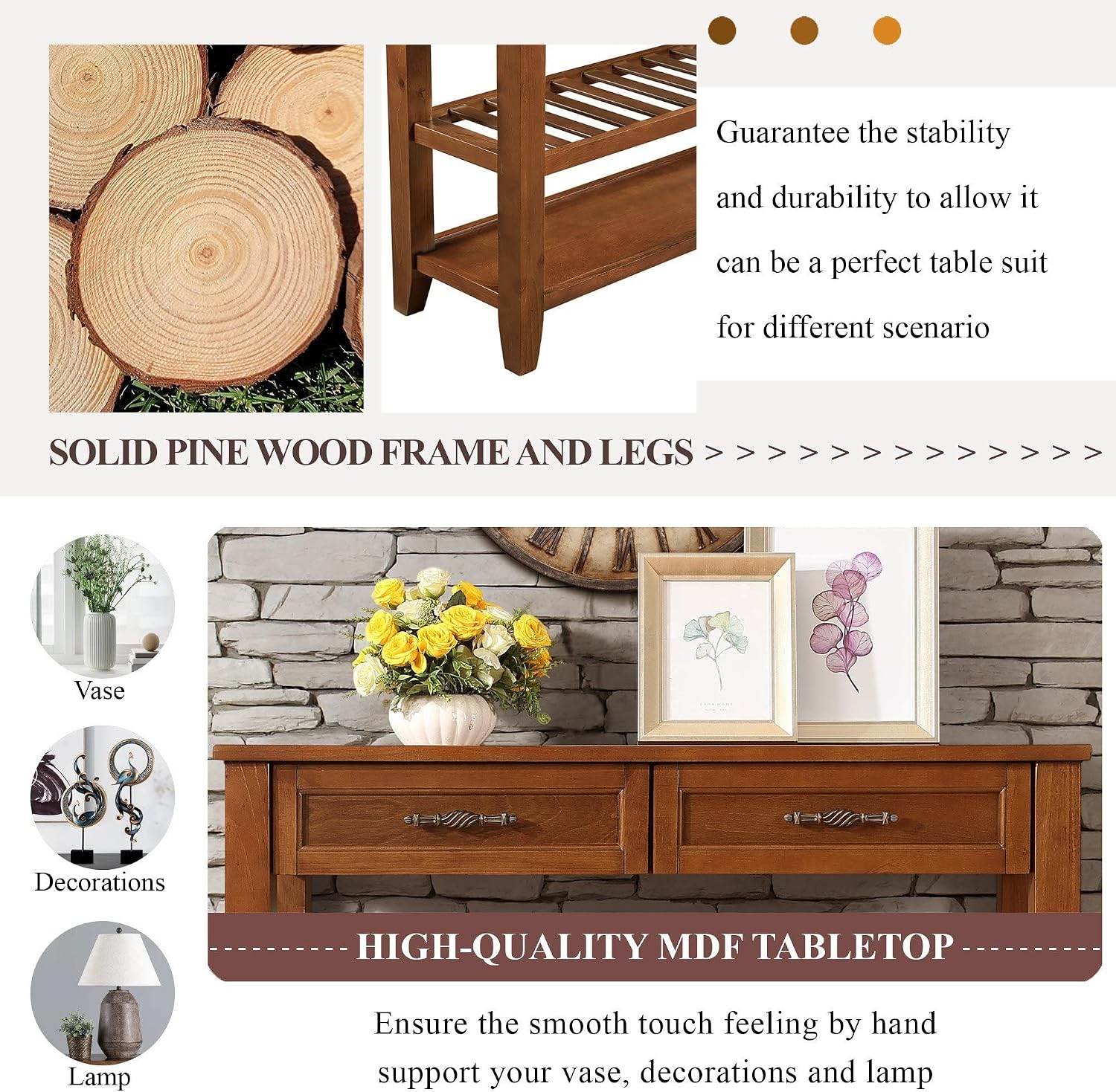 LKTART Solid Wood Console Table Entryway Table with Storage Drawers and Shelves Sofa Tables,Entryway Table for Living Room,Behind the Couch Table (42' Brown)