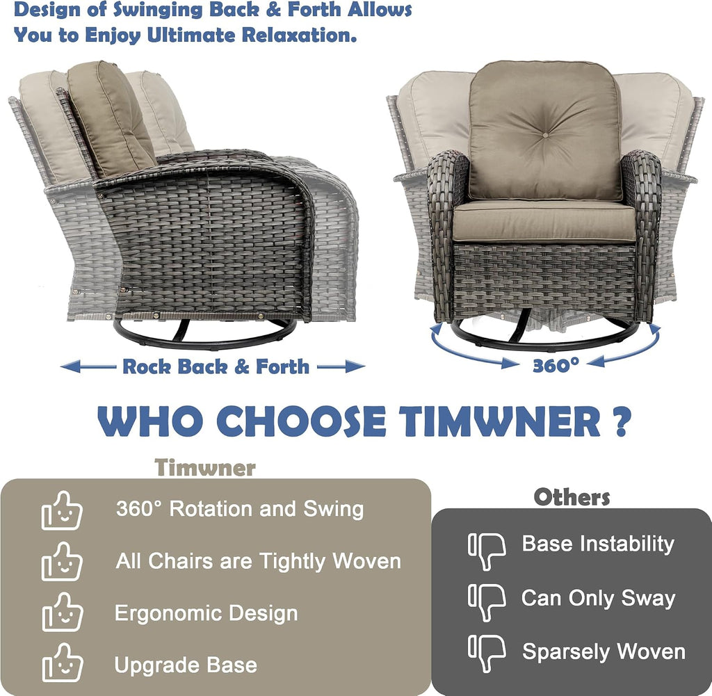 3-Piece Swivel Rocker Wicker Chair Set of 2 ，360-Degree Rocking Chairs Outdoor with Cushions，Glass Table for Garden,Backyard, Bistro.Brown