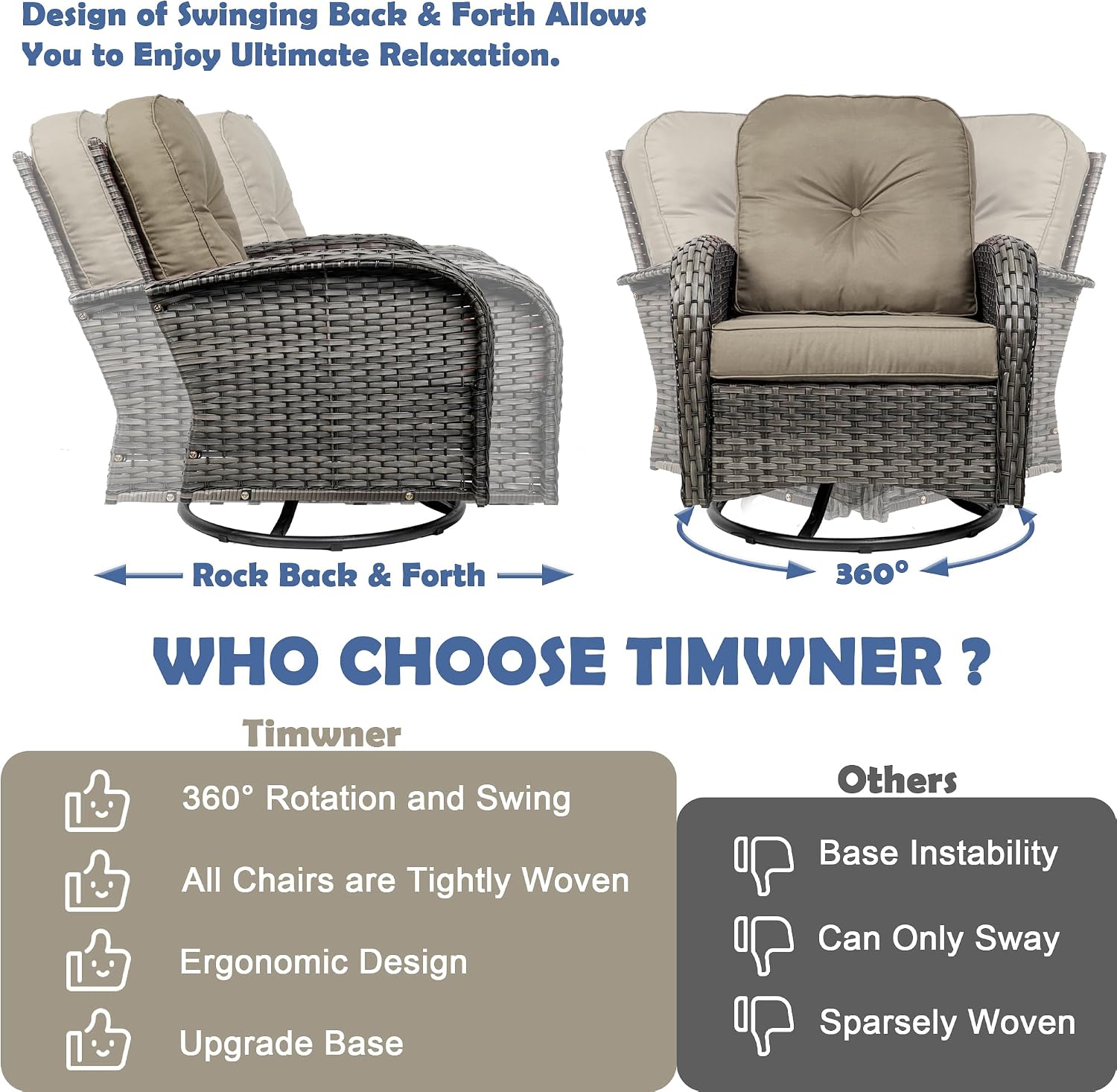 3-Piece Swivel Rocker Wicker Chair Set of 2 ，360-Degree Rocking Chairs Outdoor with Cushions，Glass Table for Garden,Backyard, Bistro.Brown