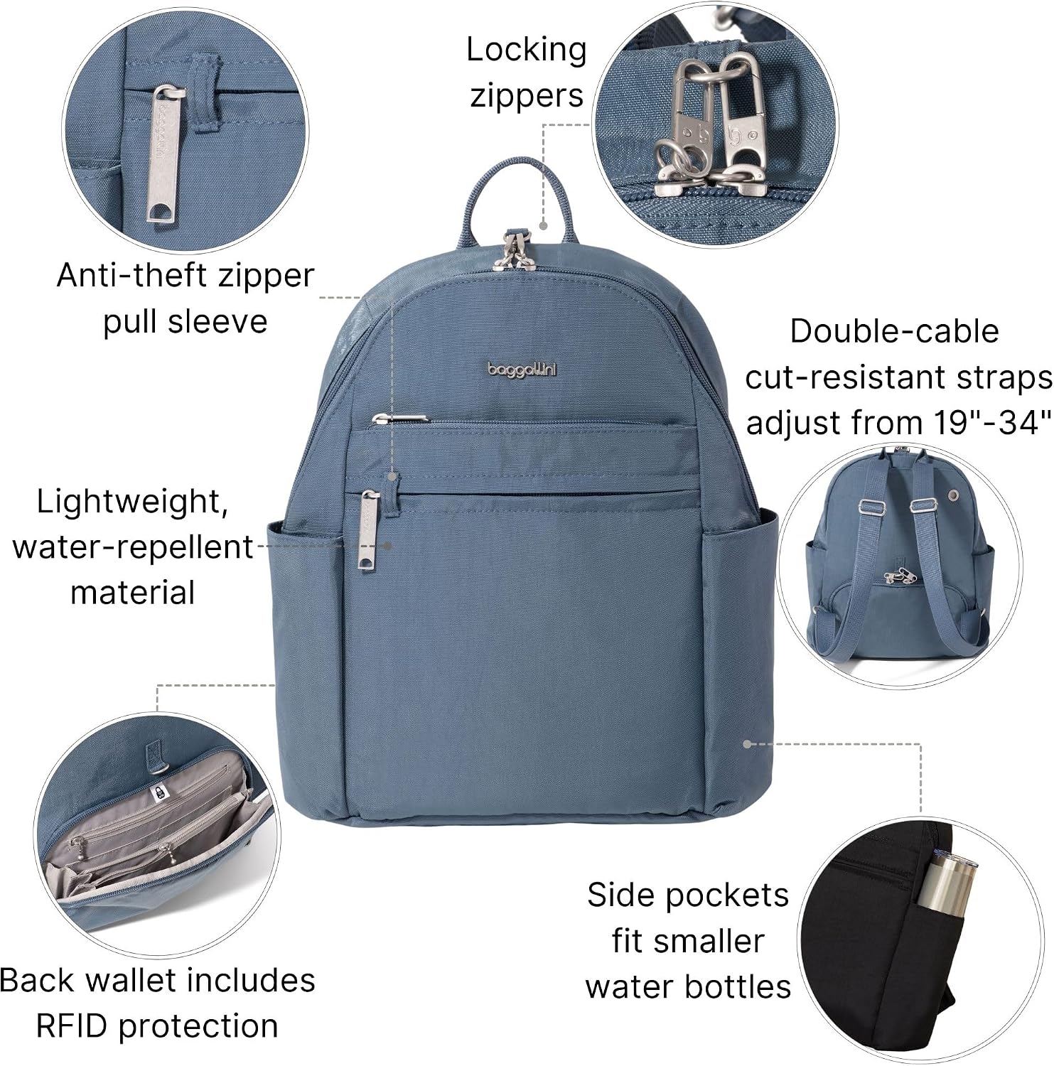 Baggallini Securtex® Anti-theft Vacation Travel Backpack 10x13 Slash-Resistant Nylon Daypack w/RFID