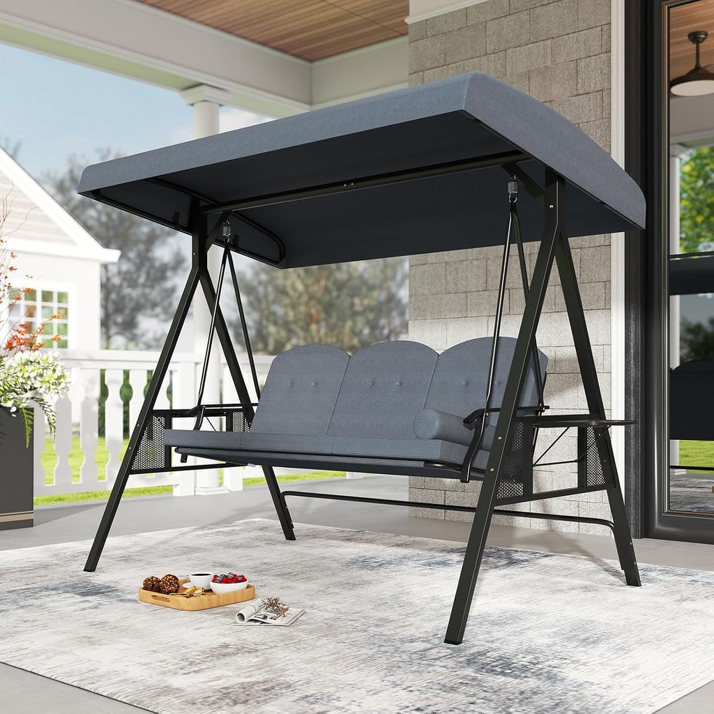Tangkula 3 Person Porch Swing, Outdoor Swing with Adjustable Canopy, Thickened Cushions & Pillow, Metal Frame, Foldable Side Tray for Backyard, Garden and Poolside (Grey)