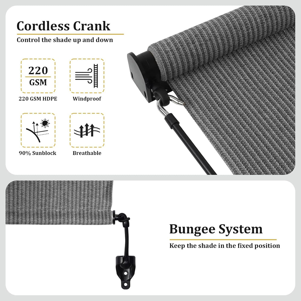 Shade&Beyond Outdoor Roller Shades with Splicing Design, 30' W x 96' H Exterior Cordless Patio Roll Up Blinds for Porch, Gazebo, Pergola, Balcony, Grey