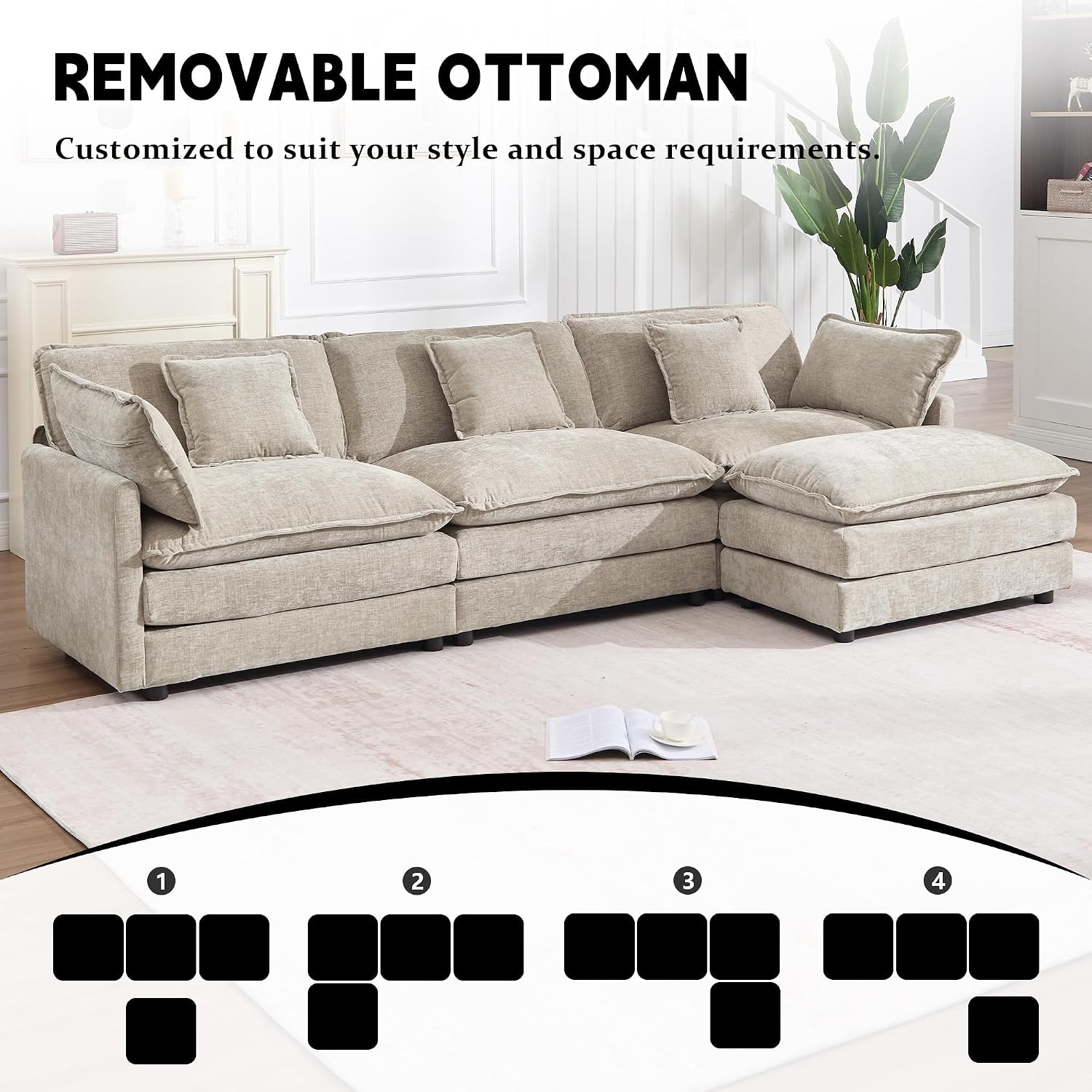 GNIXUU 111.5' Chenille Cloud Couch with Movable Ottoman, Comfy Modular Sectional Sofa, Deep Seat, L Shaped Sectional Couches for Living Room, Apartment, Office(Camel)