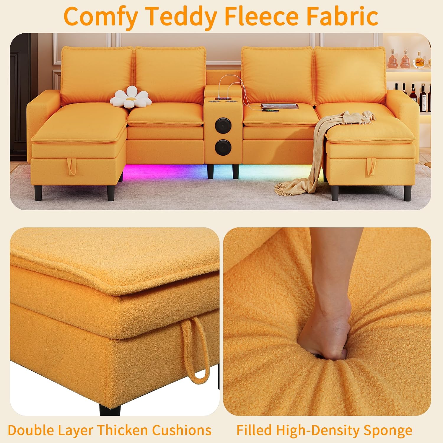 Sectional Couches for Living Room, 4 Seat Sectional Sofa with Smart Module-Bluetooth Speaker/RGB Light/Charging Station, Teddy Fleece U Shaped Cloud Couch with Storage Ottoman (Yellow)