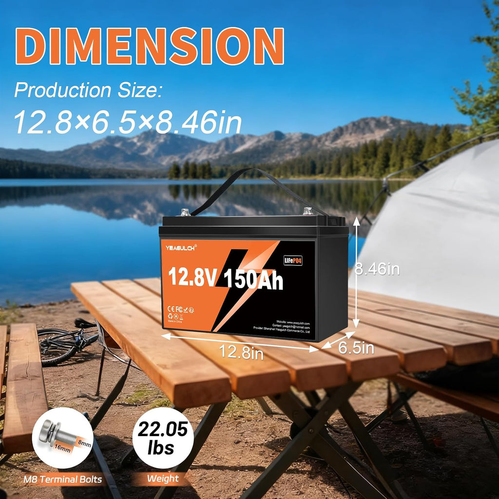 2X 12V 150Ah LiFePO4 Lithium Battery Built-in 100A BMS 1920Wh 15000+ Deep Cycle Rechargable Low Temp Cut Off Battery for Camping, Solar, RV, Marine, Off-Grid Applications