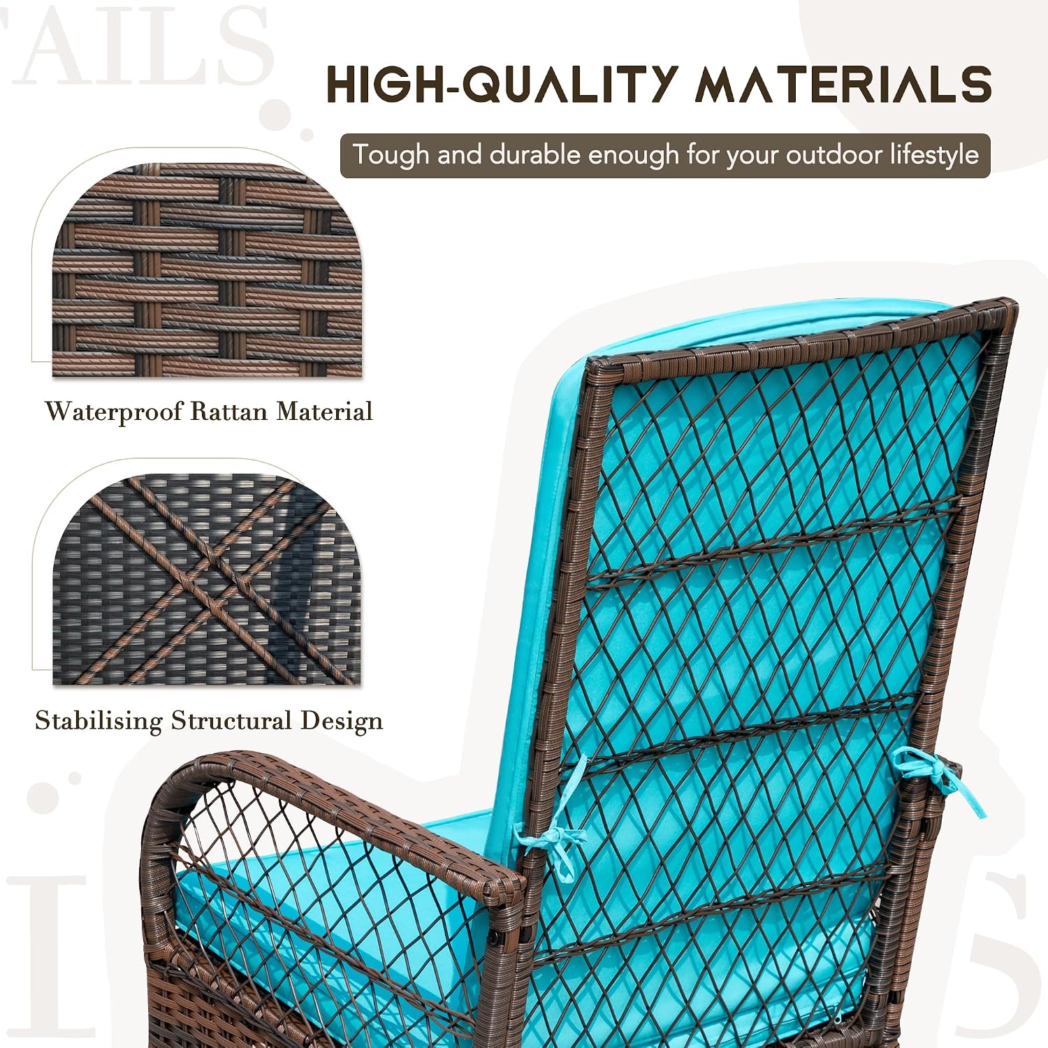 Devoko Outdoor Rocking Chairs 3 Piece Patio Furniture Set with Side Table & Cushions, Wicker Porch Rocker Bistro Set High Back for Balcony, Backyard, Garden (Blue)