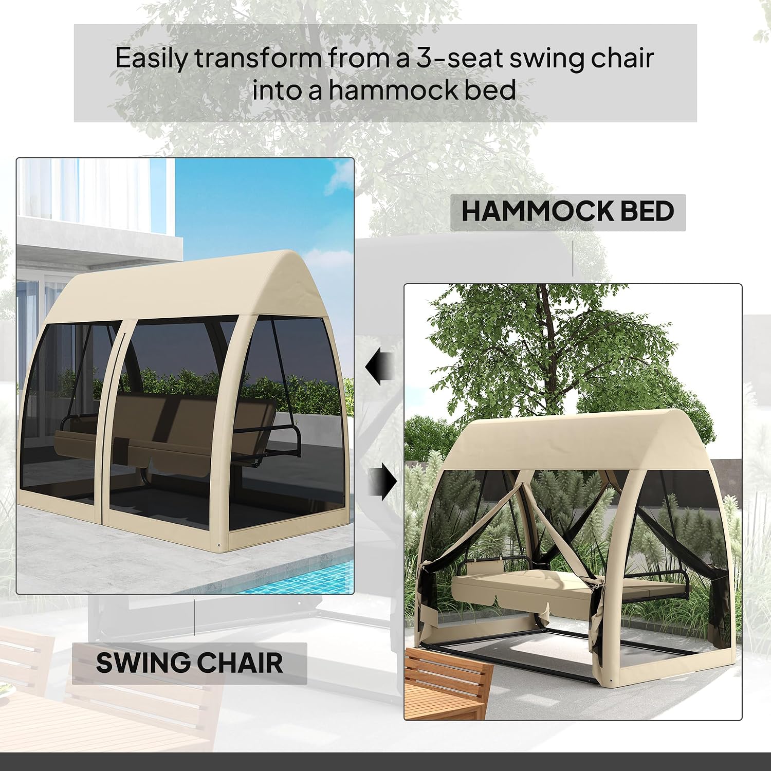 Outsunny 3-Seat Patio Swing Chair, Porch Swing Bed with Convertible Backrest, Cushion, Canopy, Side Pocket and Mesh Netting for Patio, Garden, Backyard, Coffee