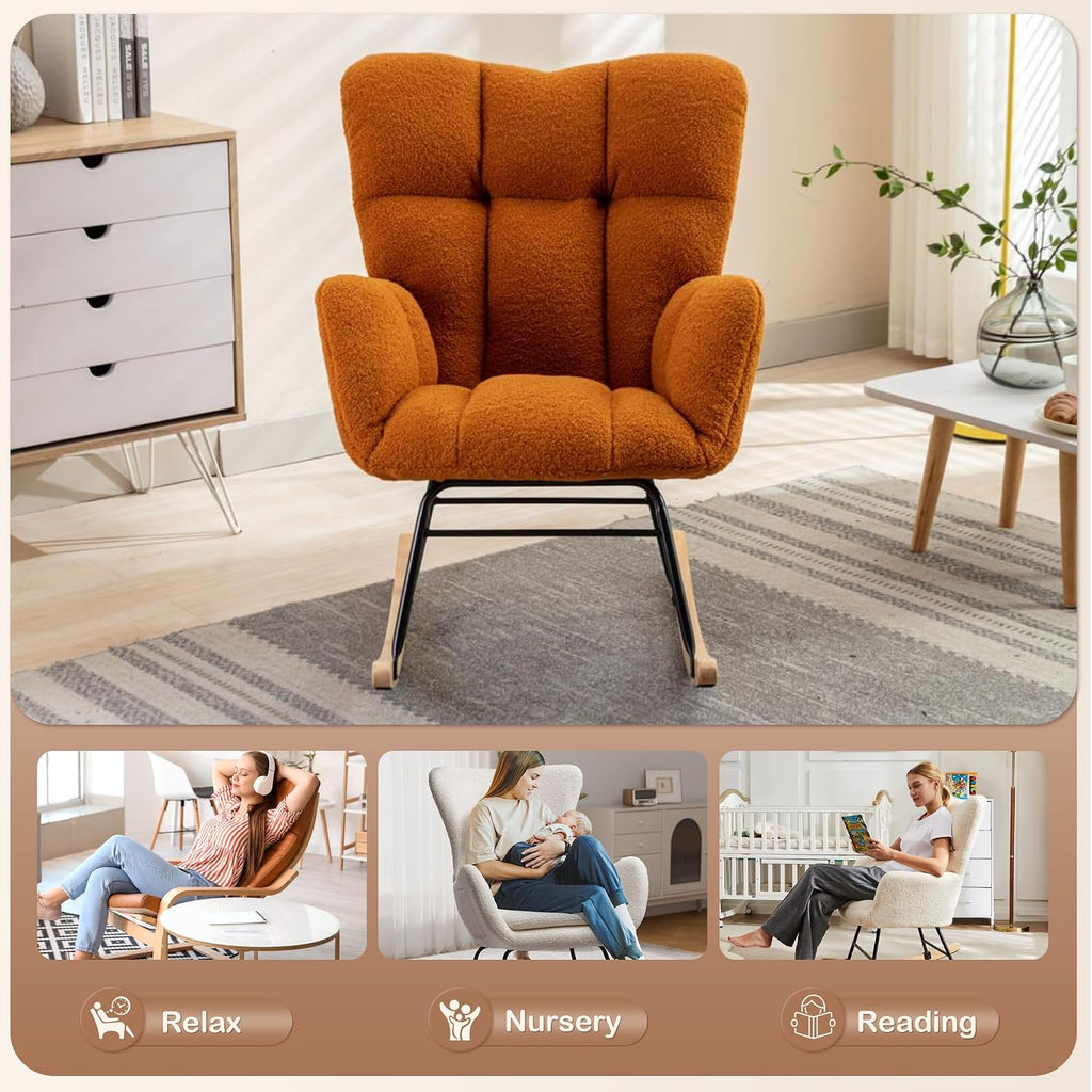 Setawix Teddy Rocking Chair with High Back,Leisure Rocking Armchair for Nursery,Mid Century Modern Rocker Glider Arm Chair for Living Room,Adults,Kids,Tufted with Solid Wood Legs