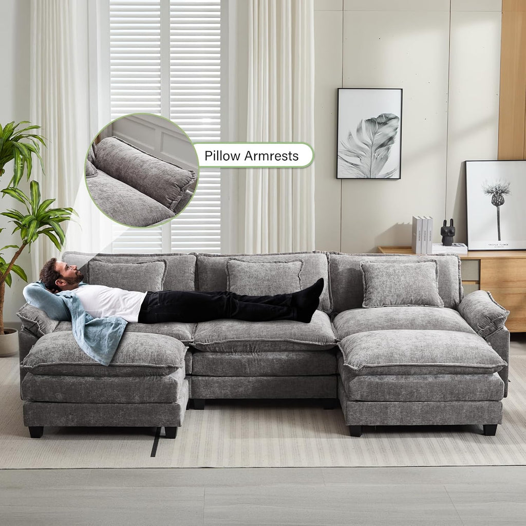 Oprisen 120' Modular Sectional Sofa, Comfy Cloud Couch Sectional Sofa with Ottoman, Chenille Sofa Sleeper Deep Seat Sofa with Throw Pillows for Living Room (Light Gray, 120'- U Shape)