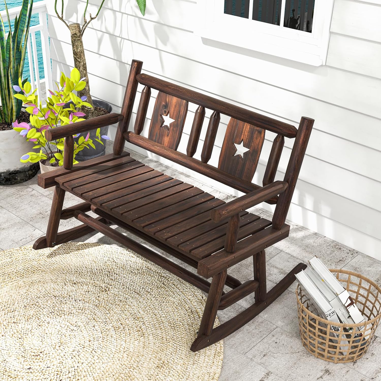 HAPPYGRILL Outdoor Wood Rocking Bench Carbonized Double Rocking Chair for 2 Persons with Wide Curved Seat, Porch Rocker for Porch, Garden, Backyard, 710LBS Capacity