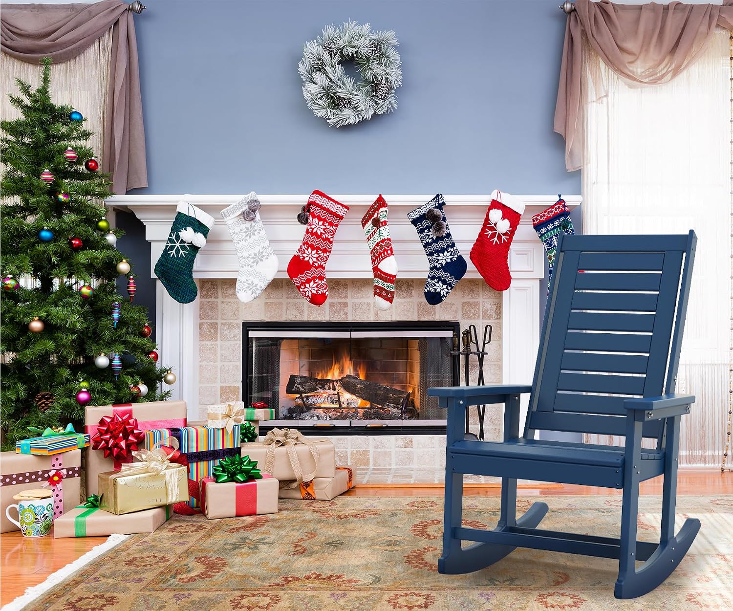 BRIOPAWS Outdoor Rocking Chairs | Set of 4 | Porch Rockers | HDPE Plastic| Blue | Oversized | Patio Rocker Chair | High Back | for Big Man | Weather Resistant | for Outside Deck Balcony Front Backyard