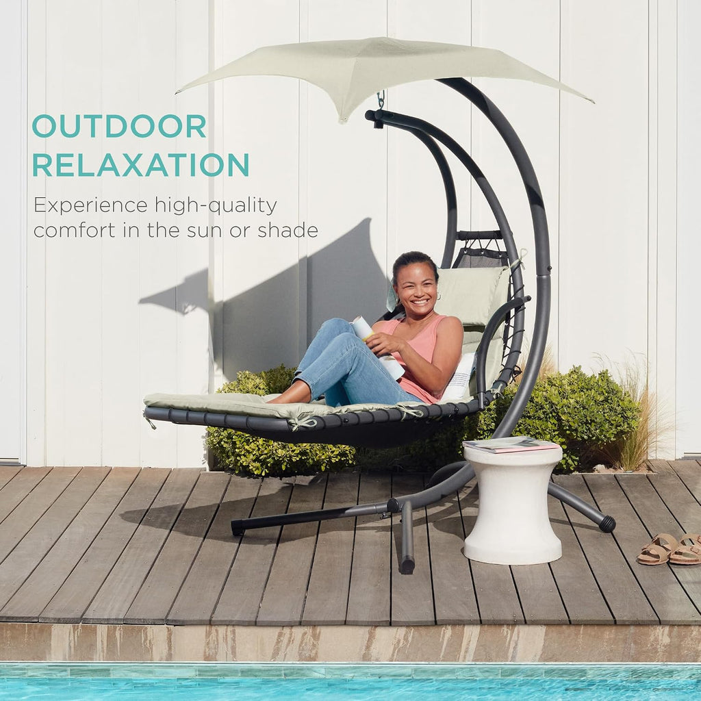 Best Choice Products Outdoor Hanging Curved Steel Chaise Lounge Chair Swing w/Built-in Pillow and Removable Canopy - Ivory