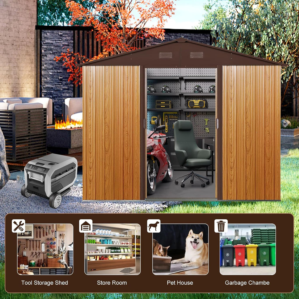 JT 7.5x5.5FT Outdoor Storage Shed with Floor Frame, Metal Garden Shed with Sliding Doors, Waterproof Galvanized Steel Storage House for Backyard Garden, Patio (7.5 x 5.5 FT, Coffee)