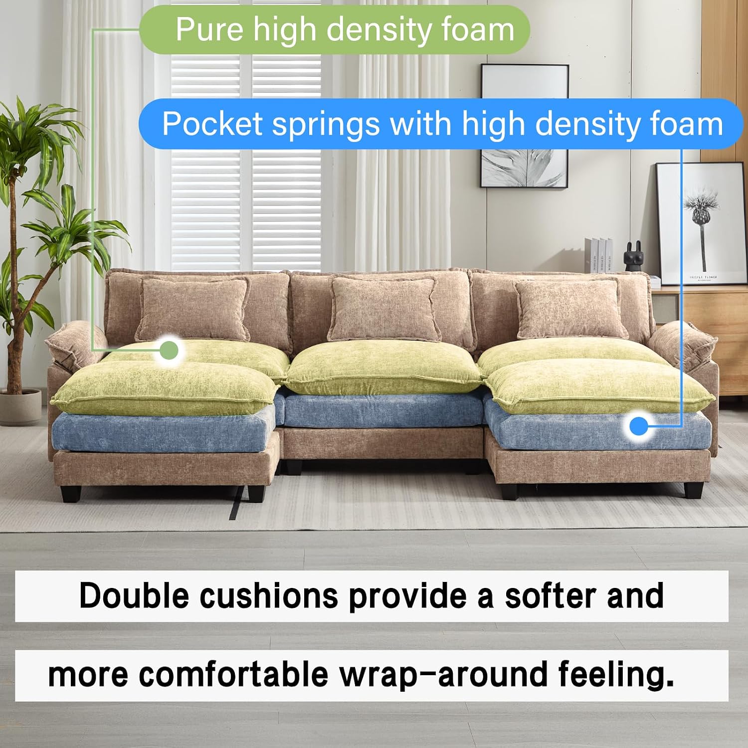 Oprisen 120' Modular Sectional Sofa, Comfy Cloud Couch Sectional Sofa with Ottoman, Chenille Sofa Sleeper Deep Seat Sofa with Throw Pillows for Living Room (Khaki, 120'- U Shape)