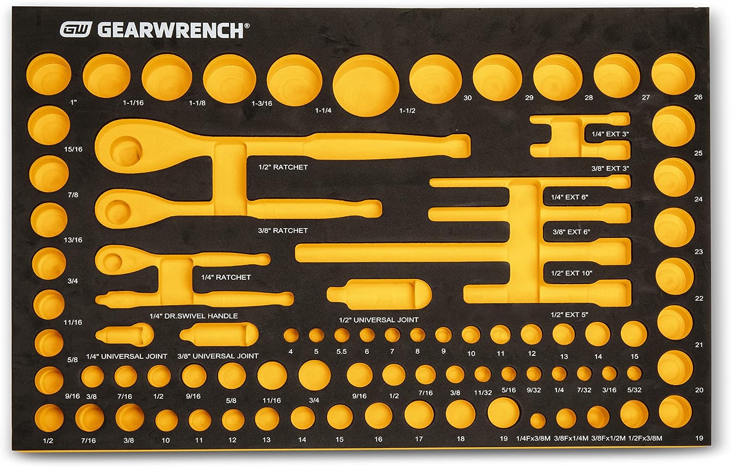 GEARWRENCH 83 Pc. 1/4, 3/8', 1/2' 90-Tooth SAE/Metric Mechanics Tool Set with EVA Foam Tray - 86529