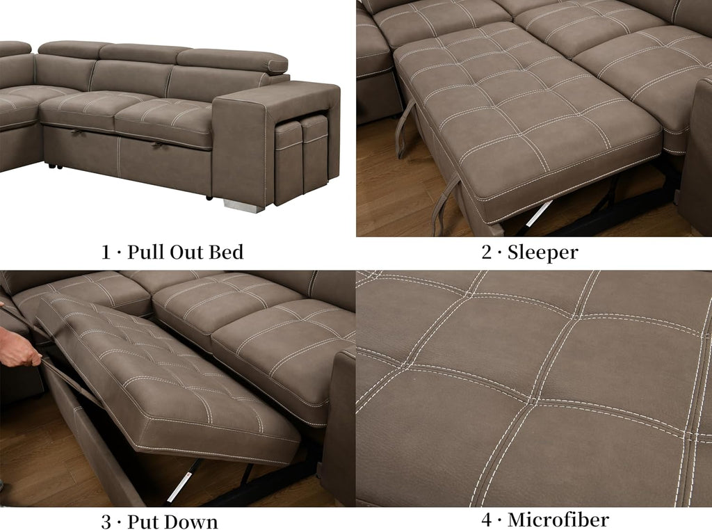 THSUPER 104'' Microfiber L Shaped Sectional Sleeper Sofa Couch with Pull Out Bed and Storage Ottoman, Convertible Couches with Adjustable Headrest for Living Room, Left Facing Chaise. Light Brown