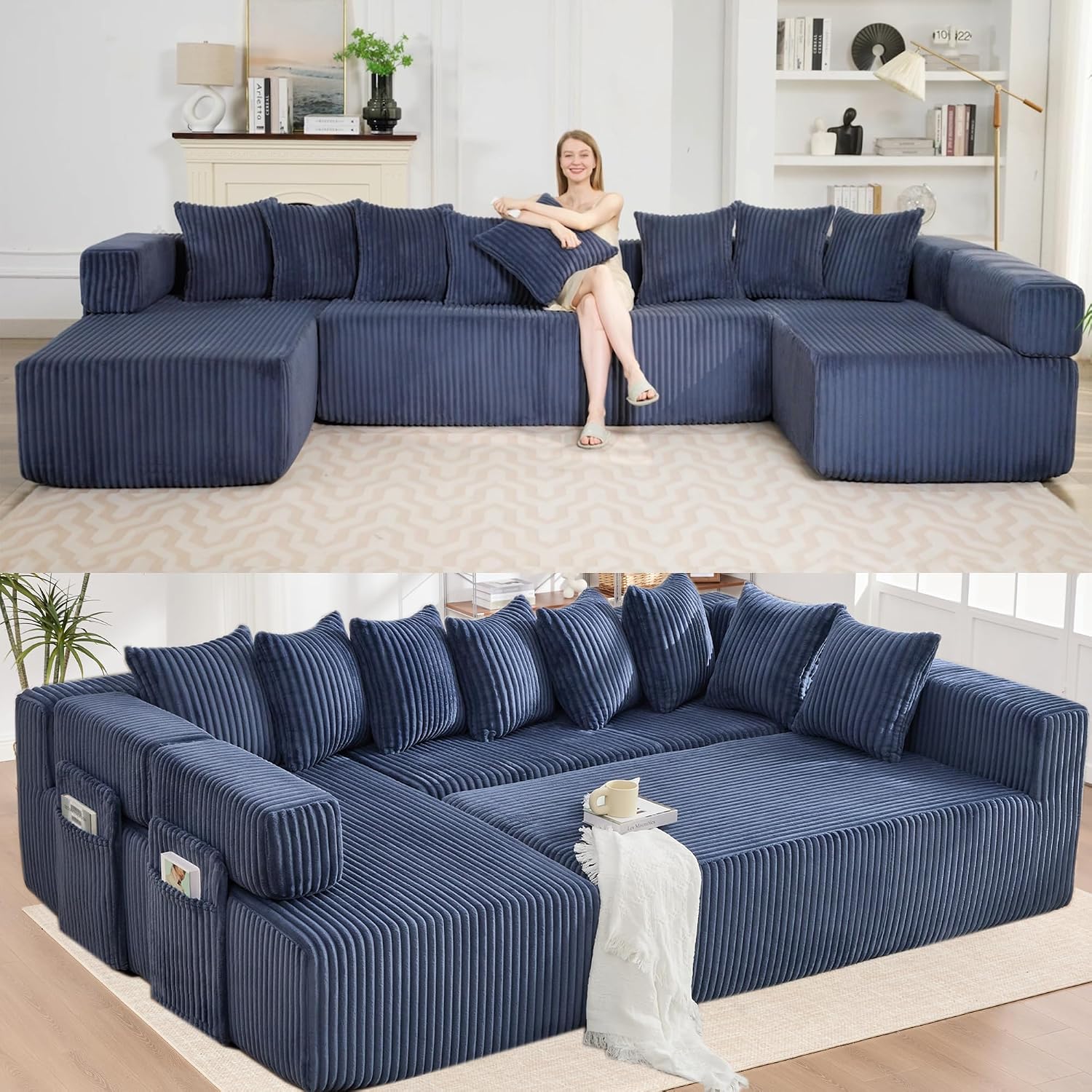 Oversized Cloud Boneless Couch with Chaise, 146' Modern U Shape Modular Deep Seat Sectional Sofa, Comfy Corduroy Upholstered Couches for Living Room, No Assembly Required-Blue