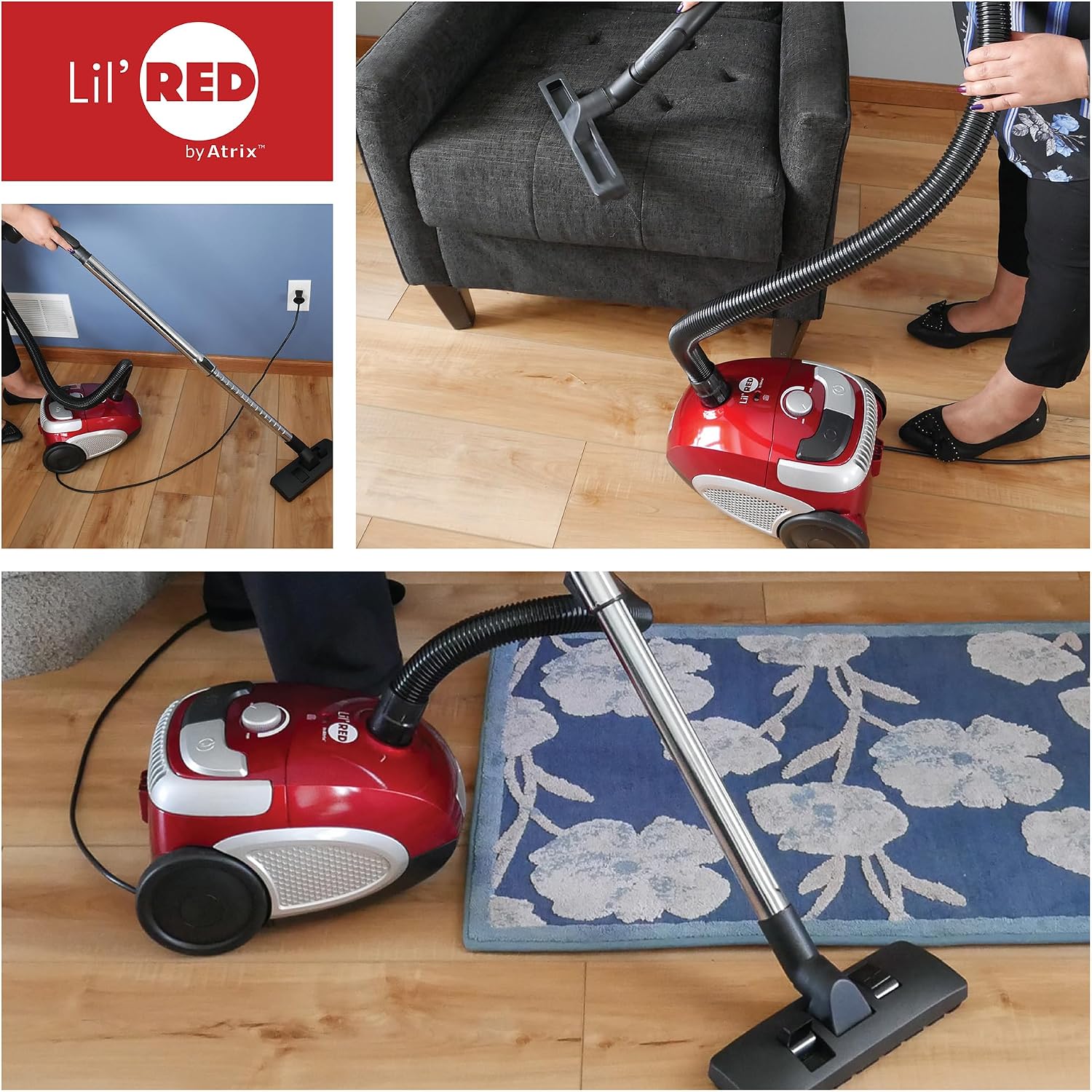 Atrix Red Lil Portable Canister Vacuum Cleaner – Premium Bundle with Extra Filters, Lightweight, 3-Stage HEPA Filtration, 2-Quart Bag, Variable Speed 1200W Motor, 16.5′ Auto-Retract Cord & Tools