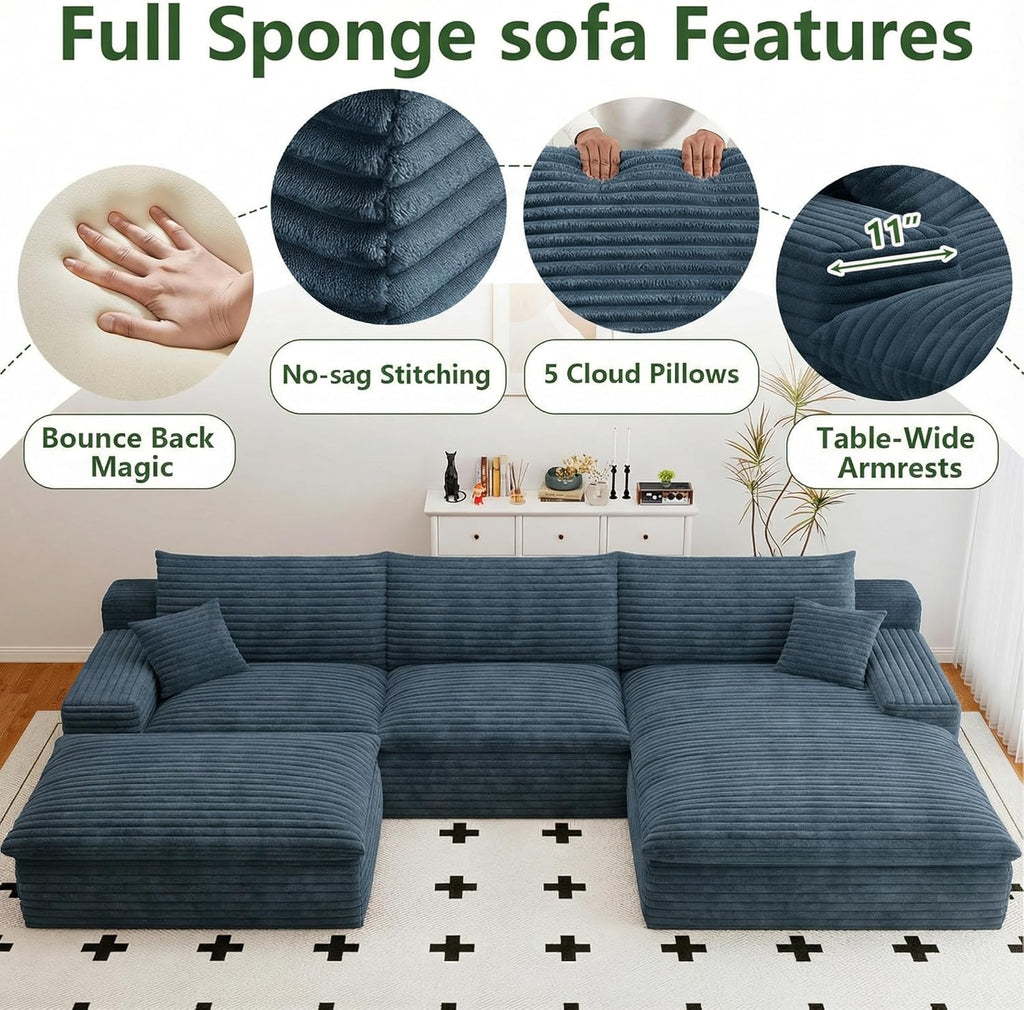 107' Cloud Couch Modular Sectional Sofa for Living Room, U-Shape Boneless Couch with Deep Seat, Modern Corduroy 3-Seater with Ottoman, No Assembly Required (Blue,Right-Facing Chaise)