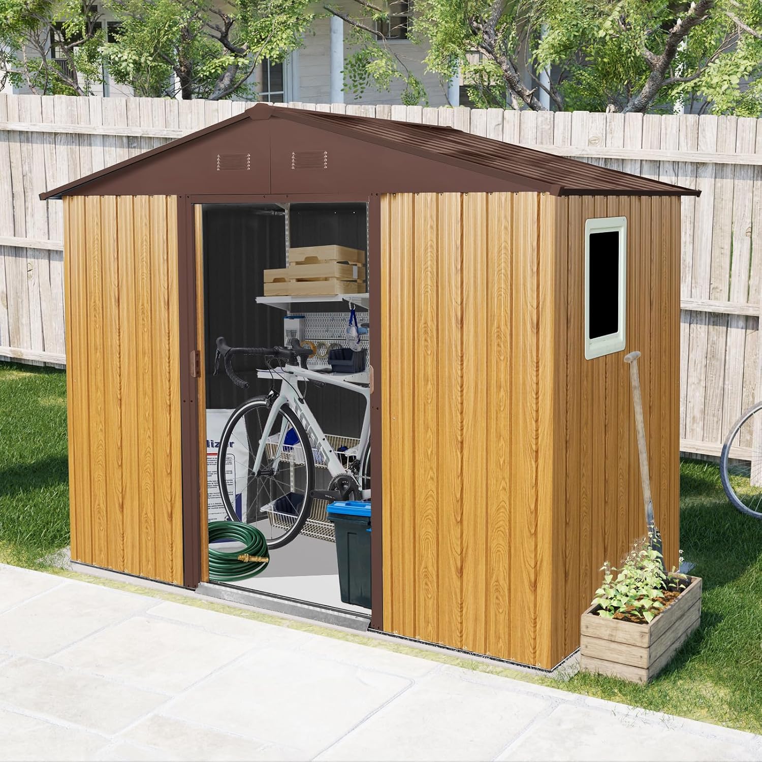 8 X 4 FT Outdoor Storage Shed Large Metal Utility Tool Sheds with Floor Frame and Window Vertical Outside Storage Building with Sliding Door for Backyard Garden Patio Lawn, Coffee
