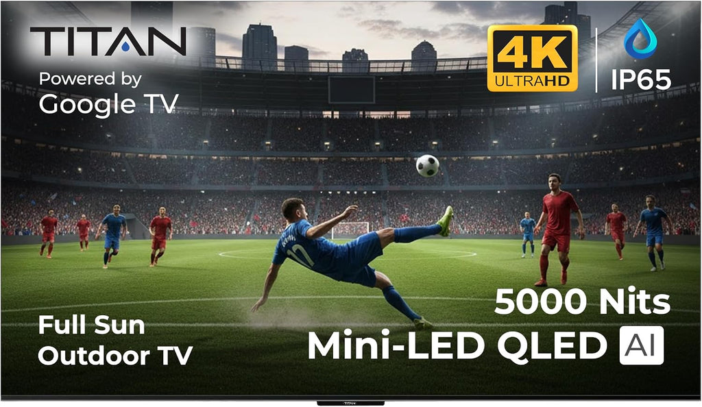 Titan G300 Mini-QLED 75 Inch Outdoor TV, Full Sun, IP65 Smart Weatherproof TV, 4K HDR, 144 Hz, Google AI OS, 5000 Nits, Wi-Fi 6, Dolby Vision&Atmos, Bang&Olufsen, Outdoor TV Cover, SlimBezel, 2YrWty