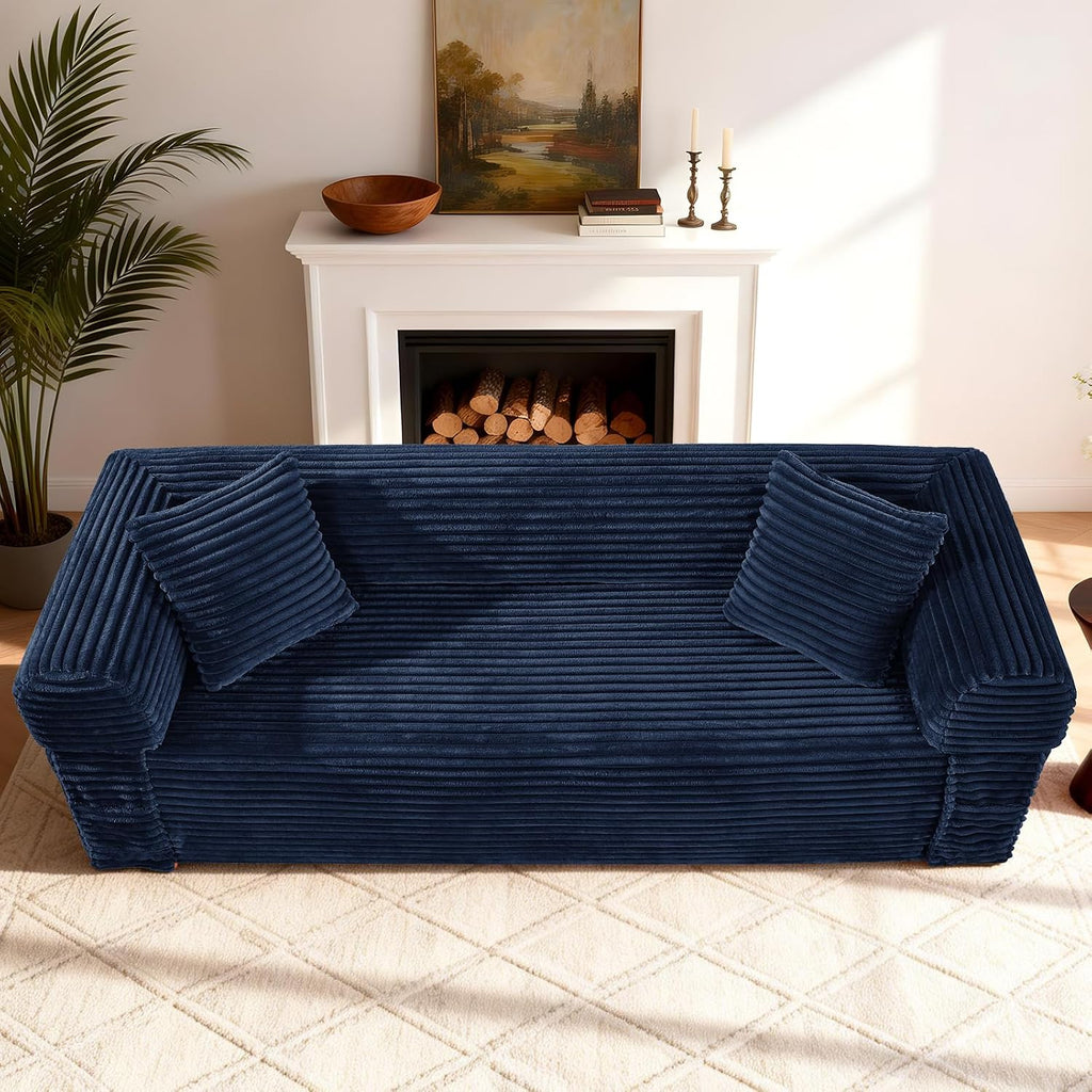 3 Seater Sofa Couch for Living Room (Blue, 30' D + 2 Pillows +Fixed-Shape Frame)