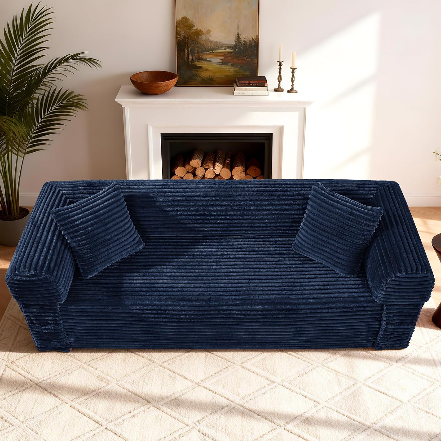 3 Seater Sofa Couch for Living Room (Blue, 30' D + 2 Pillows +Fixed-Shape Frame)