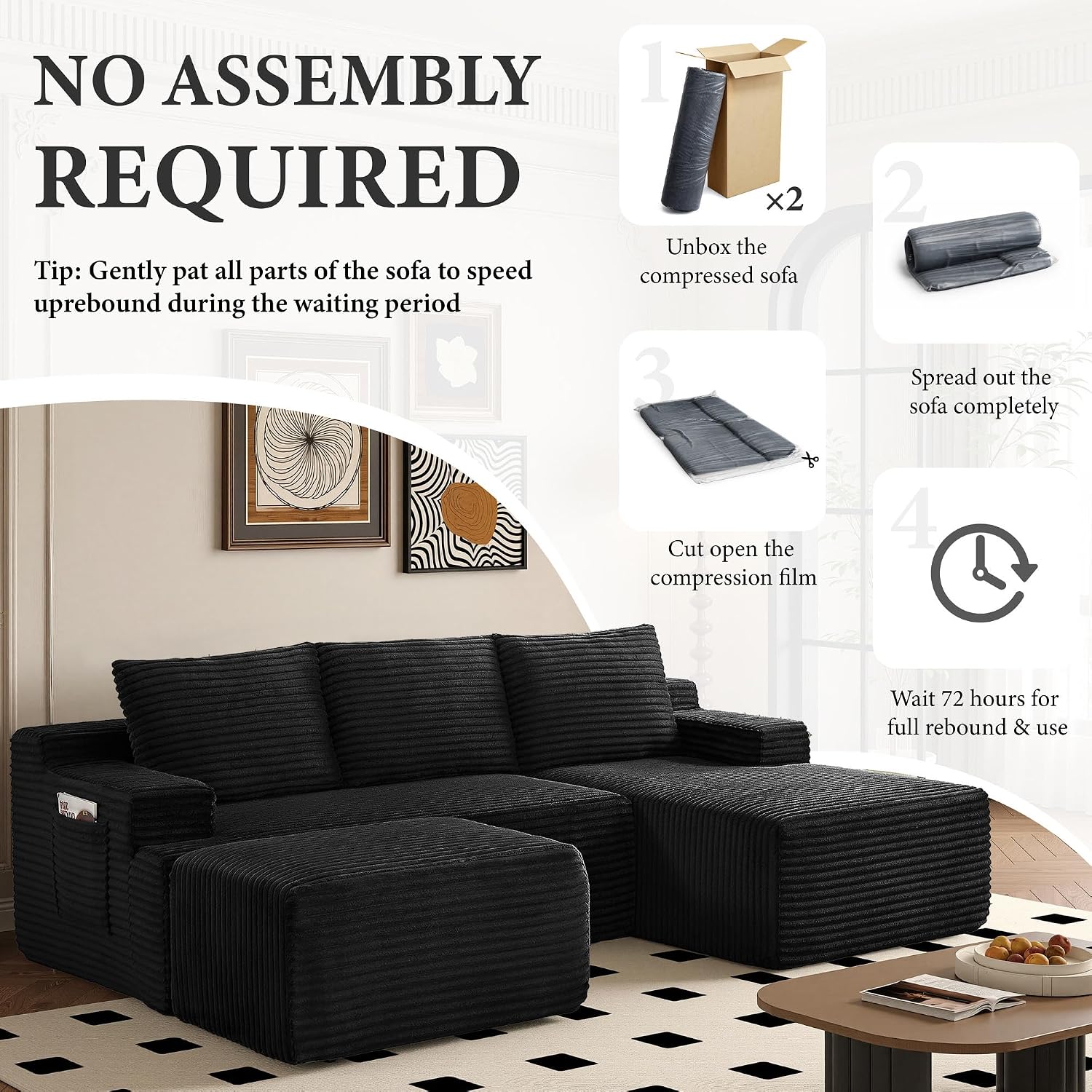 96' Sectional Couches for Living Room Cloud Couch Sofa with L-Shape Upholstered Boneless Couchs Modern Modular Sectional Couch with Chaise (Black, 96' W+Right Facing Chaise+2Seaters+Ottoman)