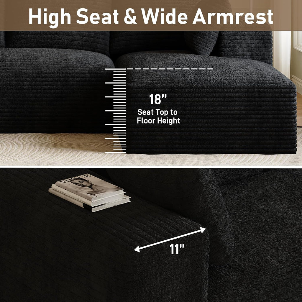 107' L-Shaped Boneless Sectional Couches for Living Room, Comfy Corduroy Fluffy Cloud Couch, Deep Seat Memory Foam Plush Modular Sectional Sofa with Right-Facing Chaise, No Assembly, Black